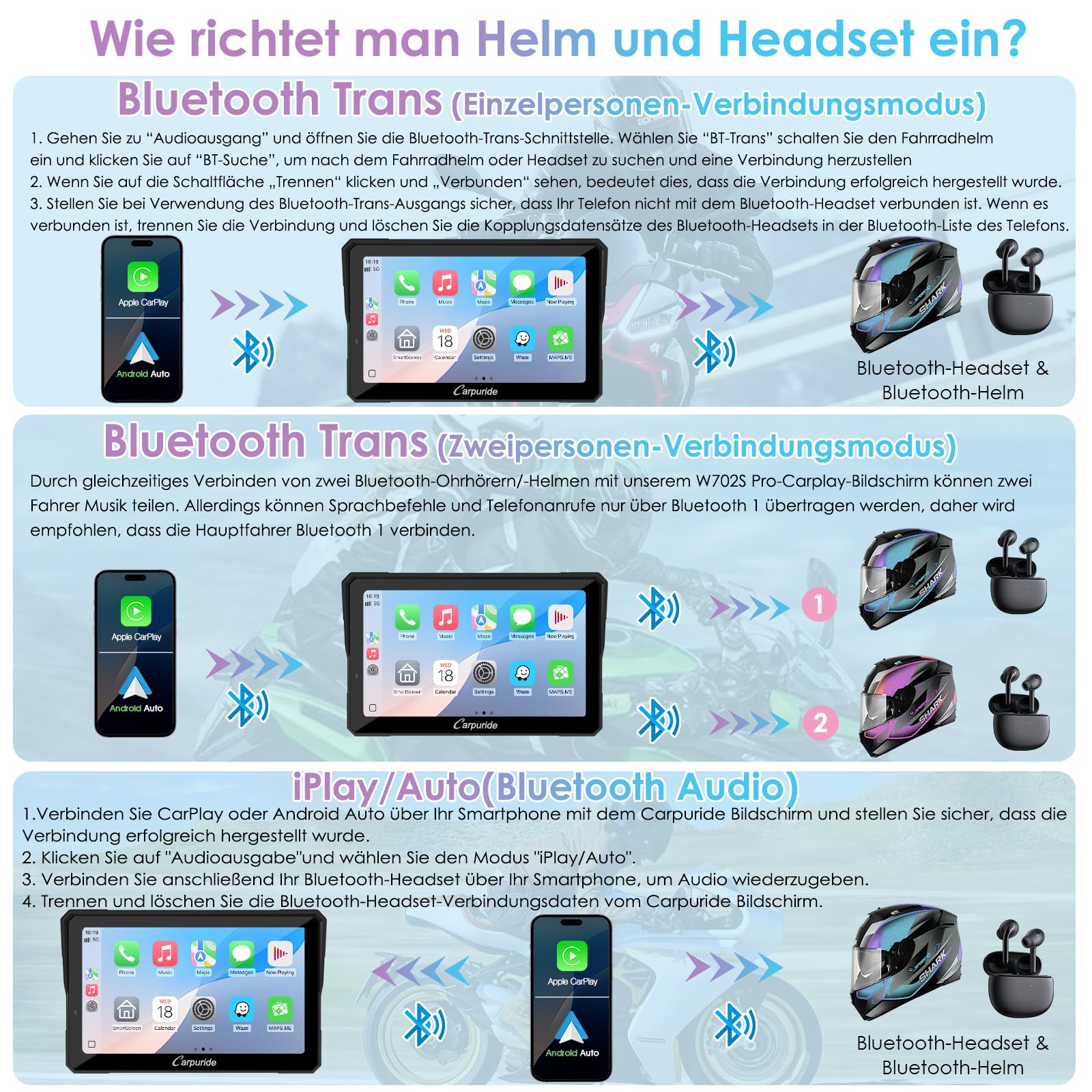 W702S Pro Motorrad Carplay Bildschirm mit BM05 Halterung für Plug-and-Play, Kabellos CarPlay & Android Auto, 7" Wasserfest Touchscreen, Intercom-Funktion, Dual Bluetooth, Verdrahtet Controller, Navi.