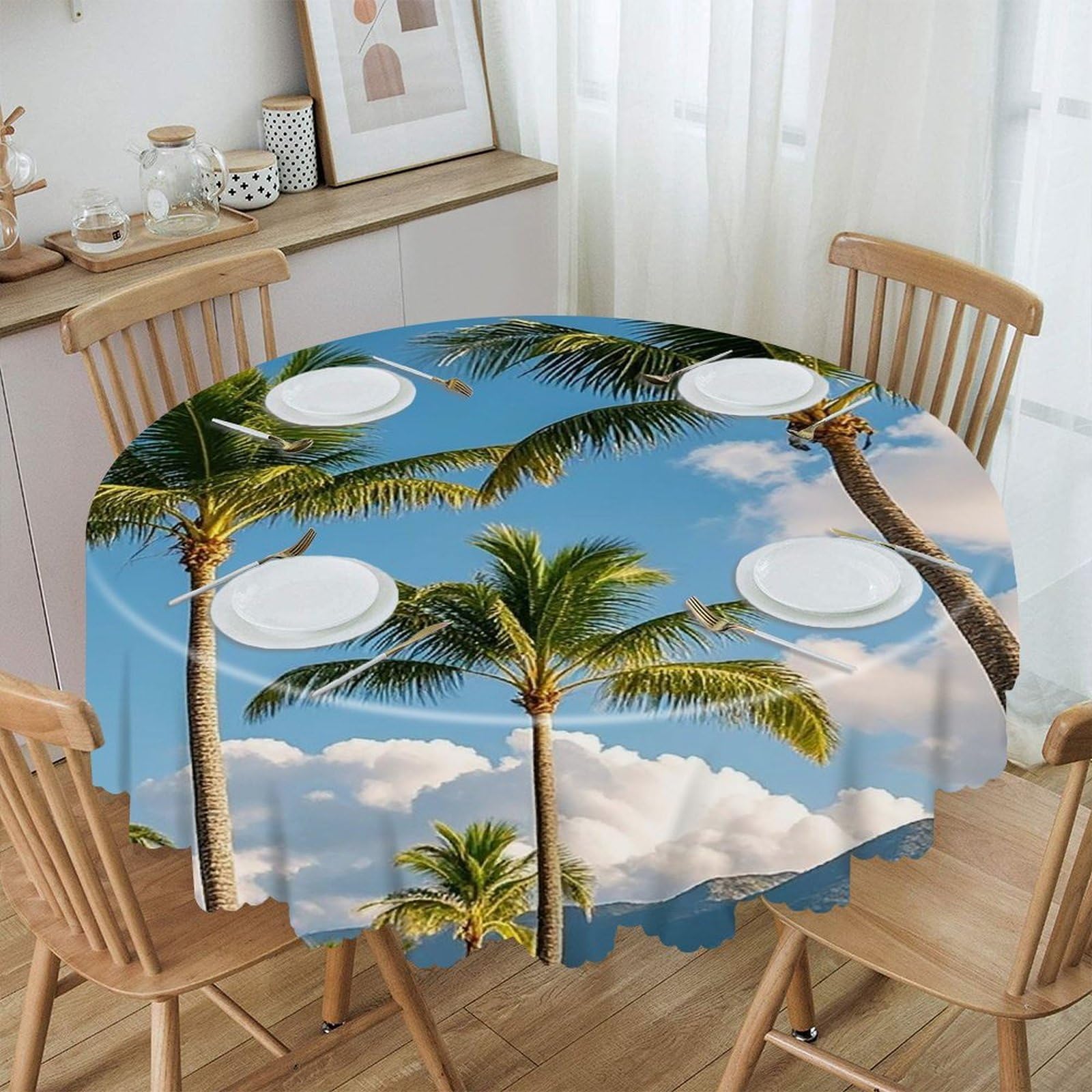 FekiLoot Tropical Palm Tree Round Tablecloth 60 Inch Waterproof Heavy Duty Table Cloth Spillproof Washable Table Cover Wrinkle Resistant Tablecloths Decorative Table Cloths