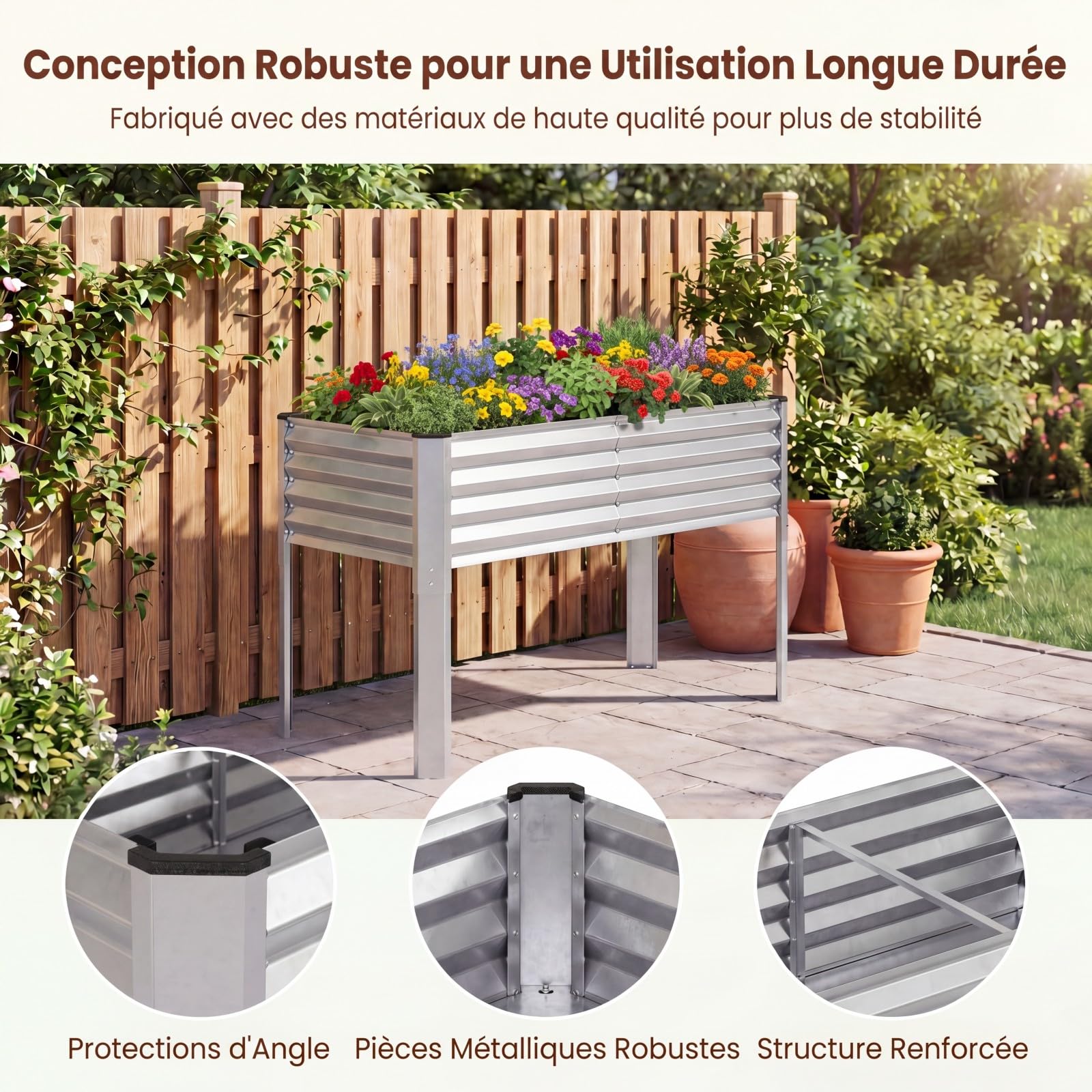 GOPLUS Jardiniere sur Pieds Surélevé en Métal, 118x60x77,5 CM, Carre Potager Rectangulaire Épais, Système de Drainage, Charge 50KG, Ergonomique, Potager sur Pieds pour Jardin, Terrasse (Argenté)