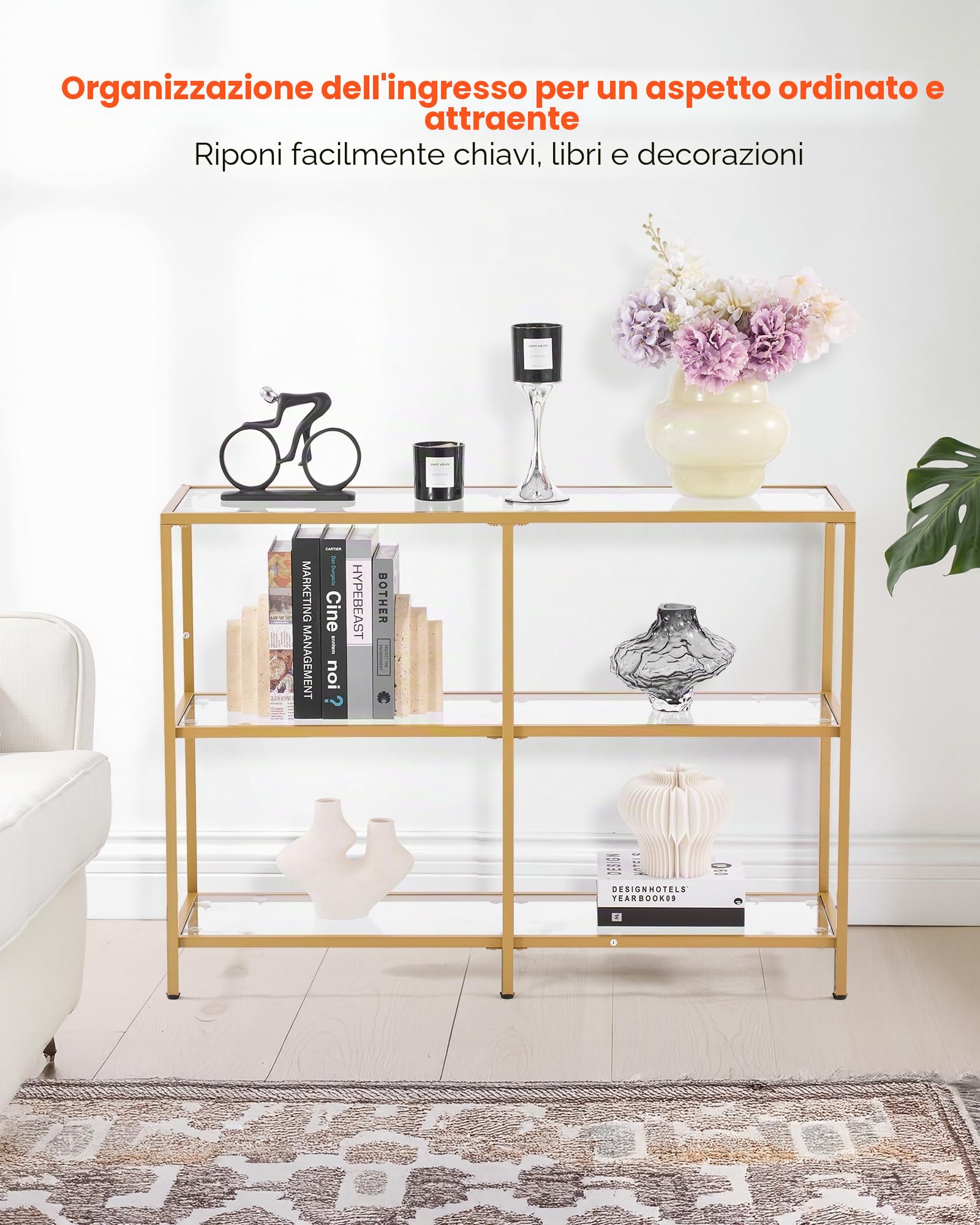 VEVOR Tavolo Consolle in Vetro a 3 Livelli 100 x 30 x 72,9 cm Moderno Tavolino Rettangolare con Piano in Vetro Temperato e Gambe in Ferro, Dispositivo Antiribaltamento per Soggiorno, Ingresso, Dorato