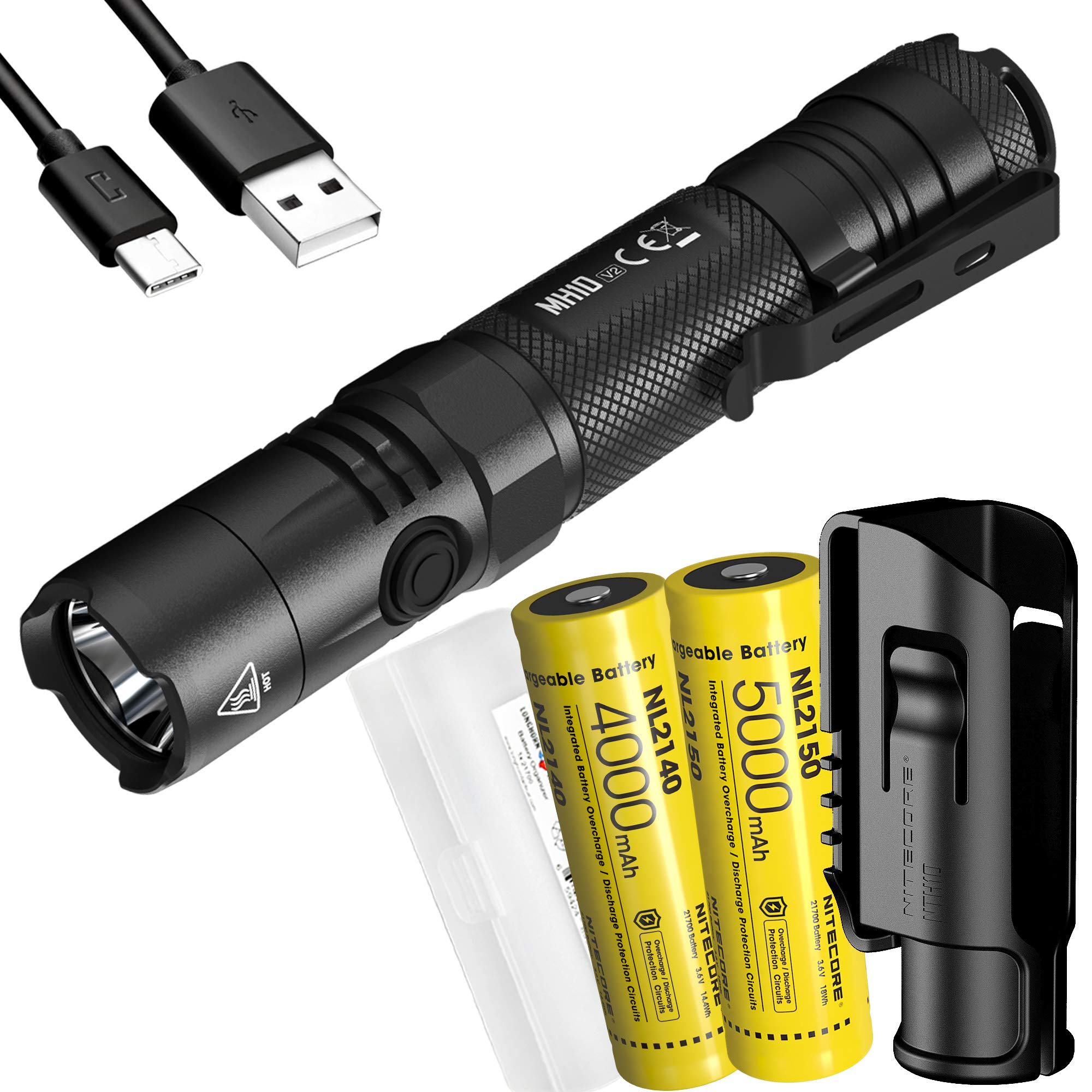 Nitecore MH10 v2 1200 Lumen USB-C Rechargeable EDC Flashlight with 2X Batteries, Hard Holster and Lu