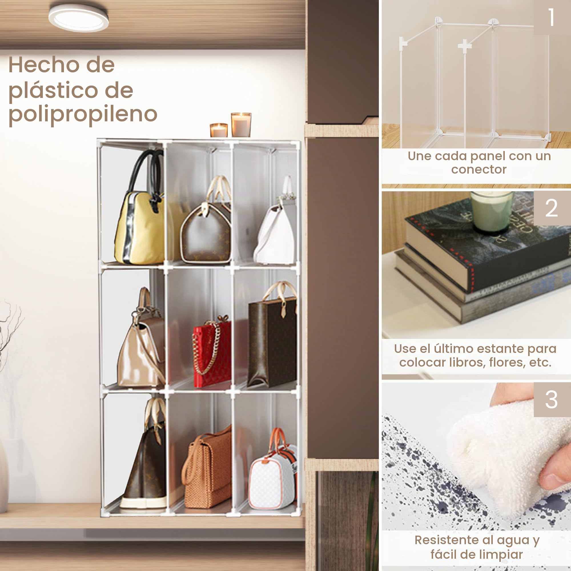 Organizador de Bolsos, Estantería Modular para Armario, Estante para Habitación, Recibidor. Estantería de Almacenamiento para Hogar, Pasillo, Dormitorio. 9 módulos.