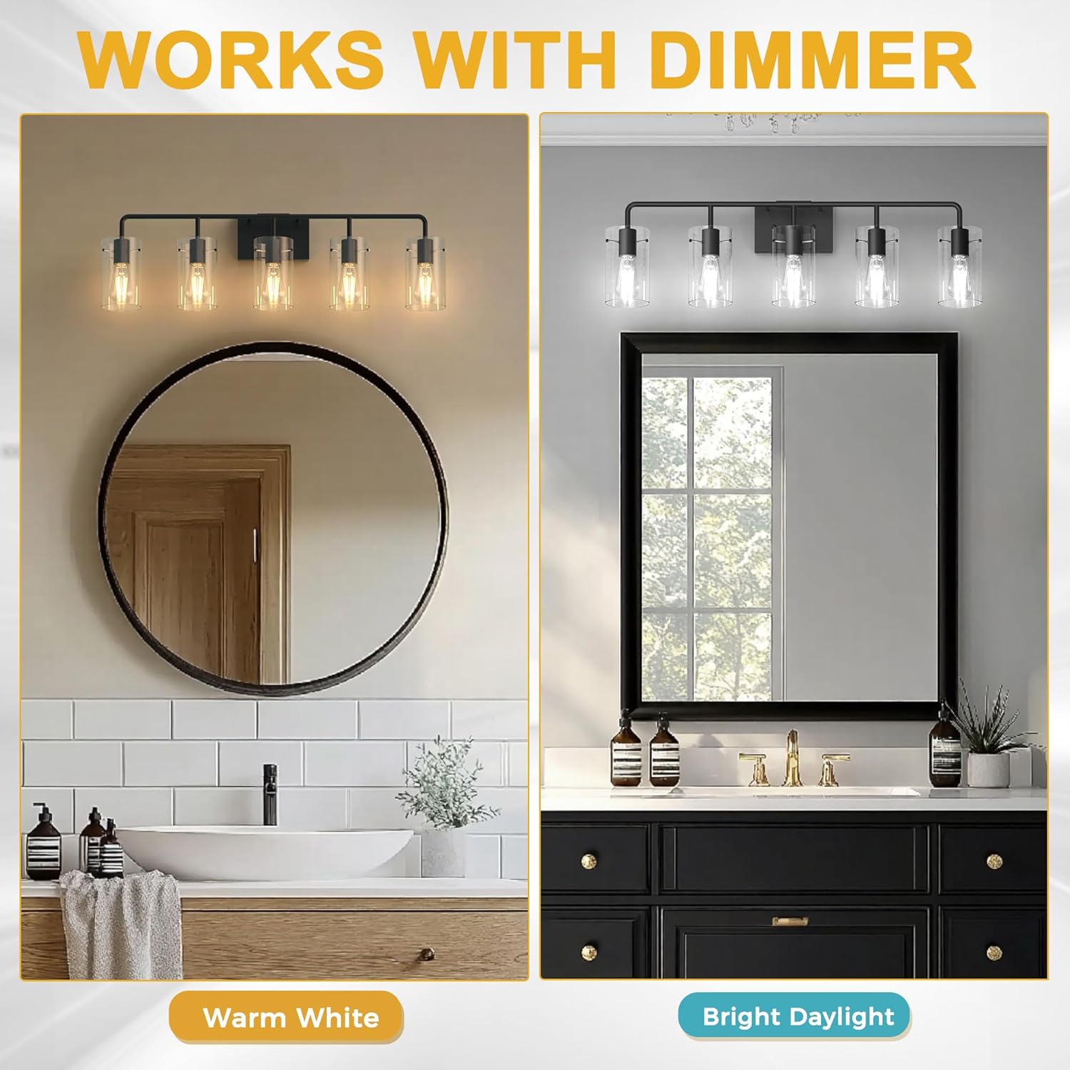 L LOHAS LED 5-Light Bathroom Light Fixtures, 33.85" Black Bathroom Vanity Light with Straight Glass Shades, Modern Vanity Lights for Bathroom Light Fixtures Over Mirror Living Room Hallway, E26, ETL