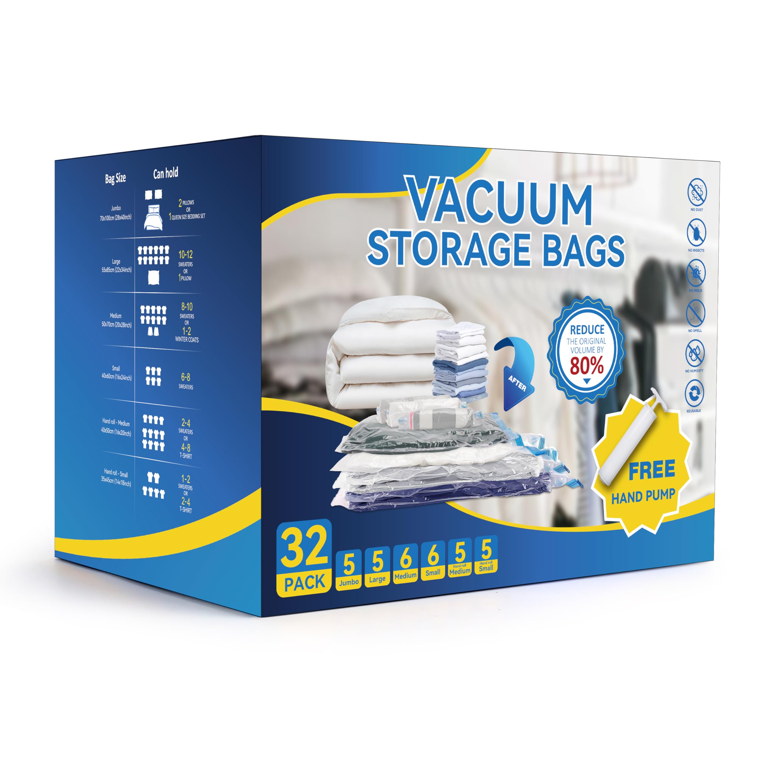 Simple Deluxe Paquete familiar de 32 bolsas de almacenamiento al vacío | 5 jumbos, 5 grandes, 6 medianas, 6 pequeñas, 10 bolsas enrollables con bomba de mano para almacenamiento debajo de la cama y