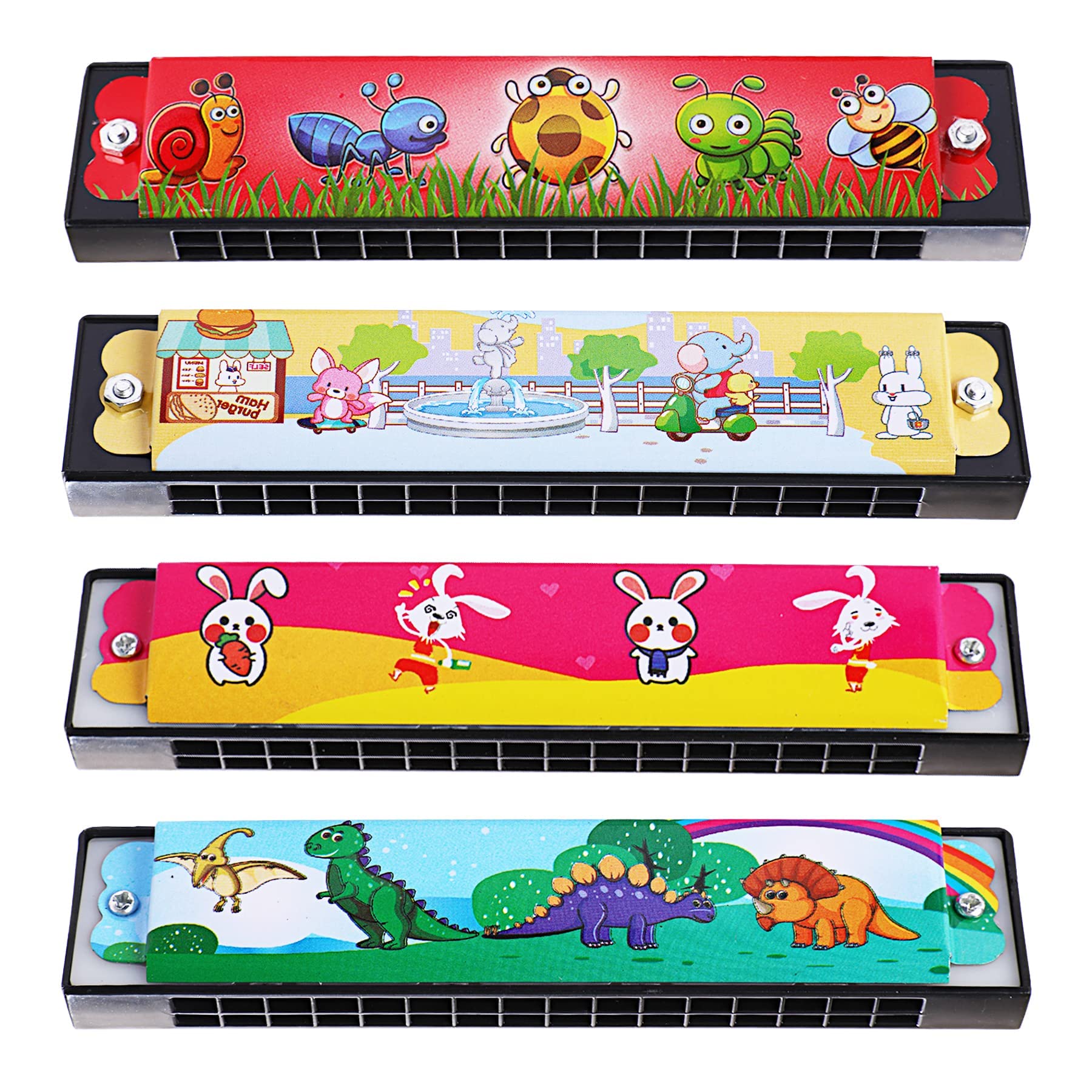 Harmonica Set for Kids and Adults - 4PCS Diatonic 16 Holes C Key, Cute Cartoon Printed Mouth Organ for Beginners, Children - Musical Instrument Gift