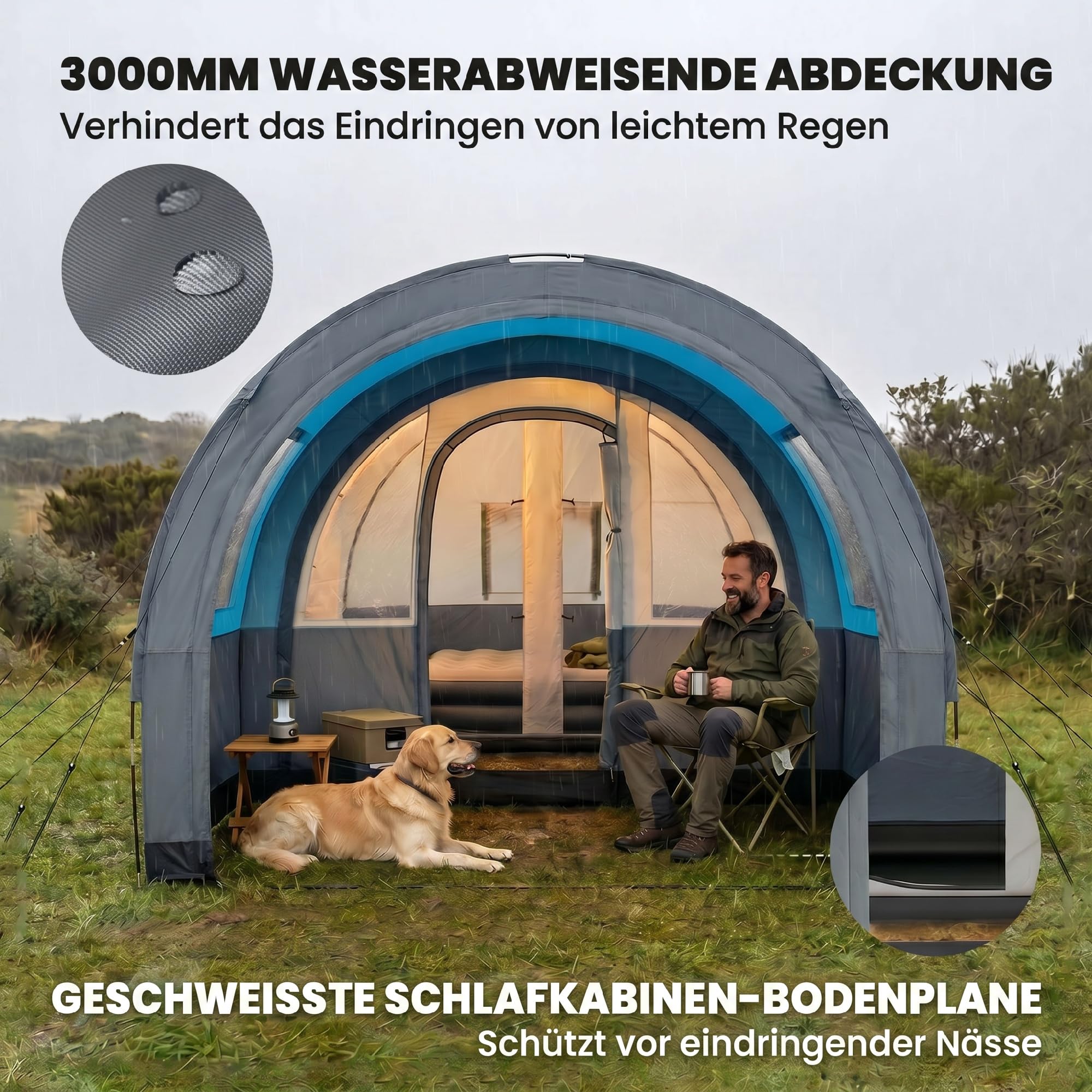 Outsunny Tunnelzelt, Campingzelt für 3 Personen, mit 2 Räumen, Lichthaken, groß Gruppenzelt mit Tragetasche, 3000mm Wasserabweisend Familienzelt, für Garten, Campingplatz