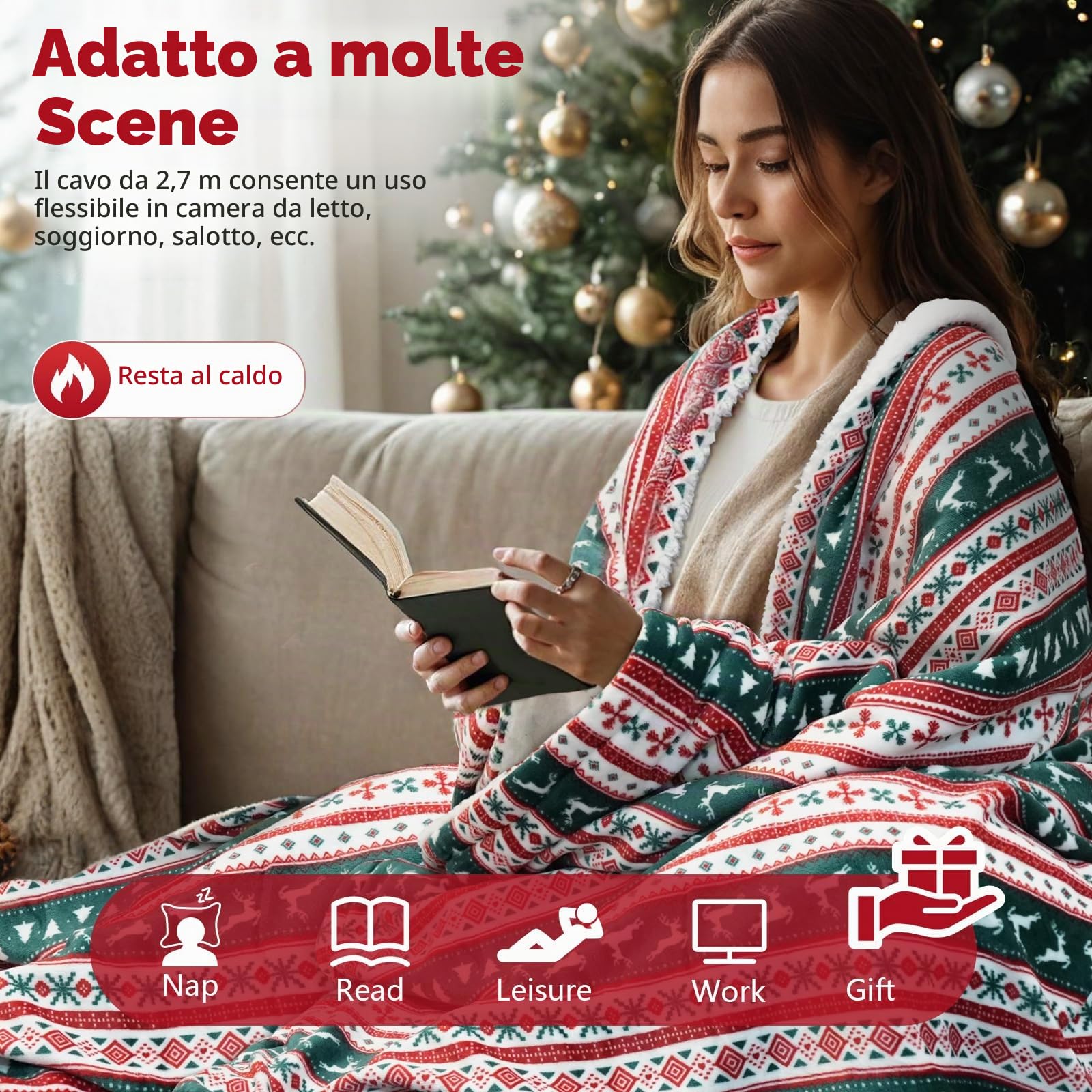 PRANITE Coperta Riscaldante Elettrica - Flanella Sherpa Coperta Elettrica Con 6 Impostazioni di Calore, Timer di spegnimento automatico da 1-10 ore, Lavabile in Lavatrice, 180x130 cm, Natale, Rosso