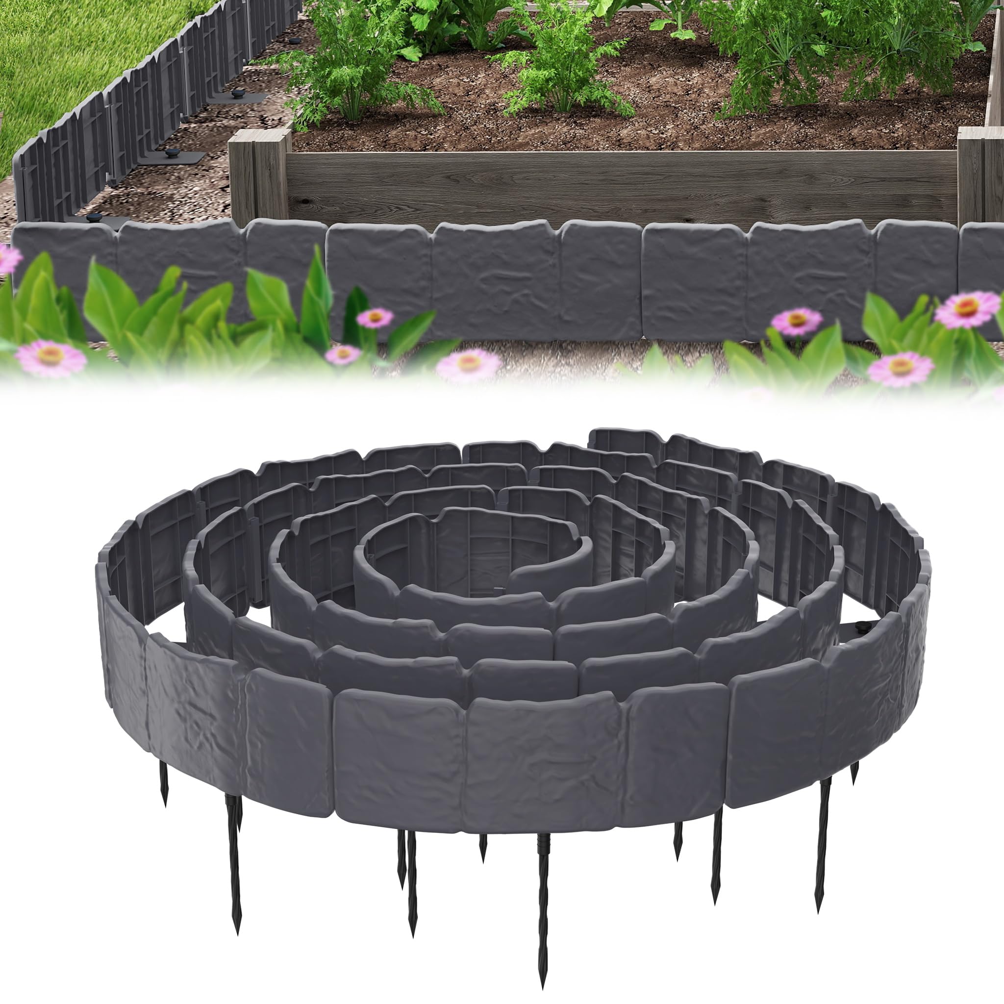 YRhome Bordo per prato, 15 m, in plastica effetto pietra, flessibile e stabile, bordo per aiuole, bordo per falciare, palizzata, facile da applicare, per giardino, recinzione decorativa, antracite