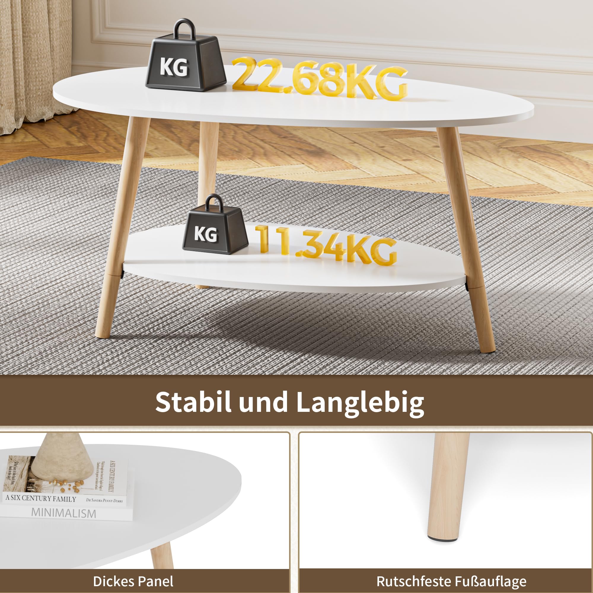 BonVache Massivholz Teetisch, Oval-Doppelschicht-Couchtisch, Runder Tisch für das Wohnzimmer, Couchtisch, Seitentisch, Teetisch, weiß
