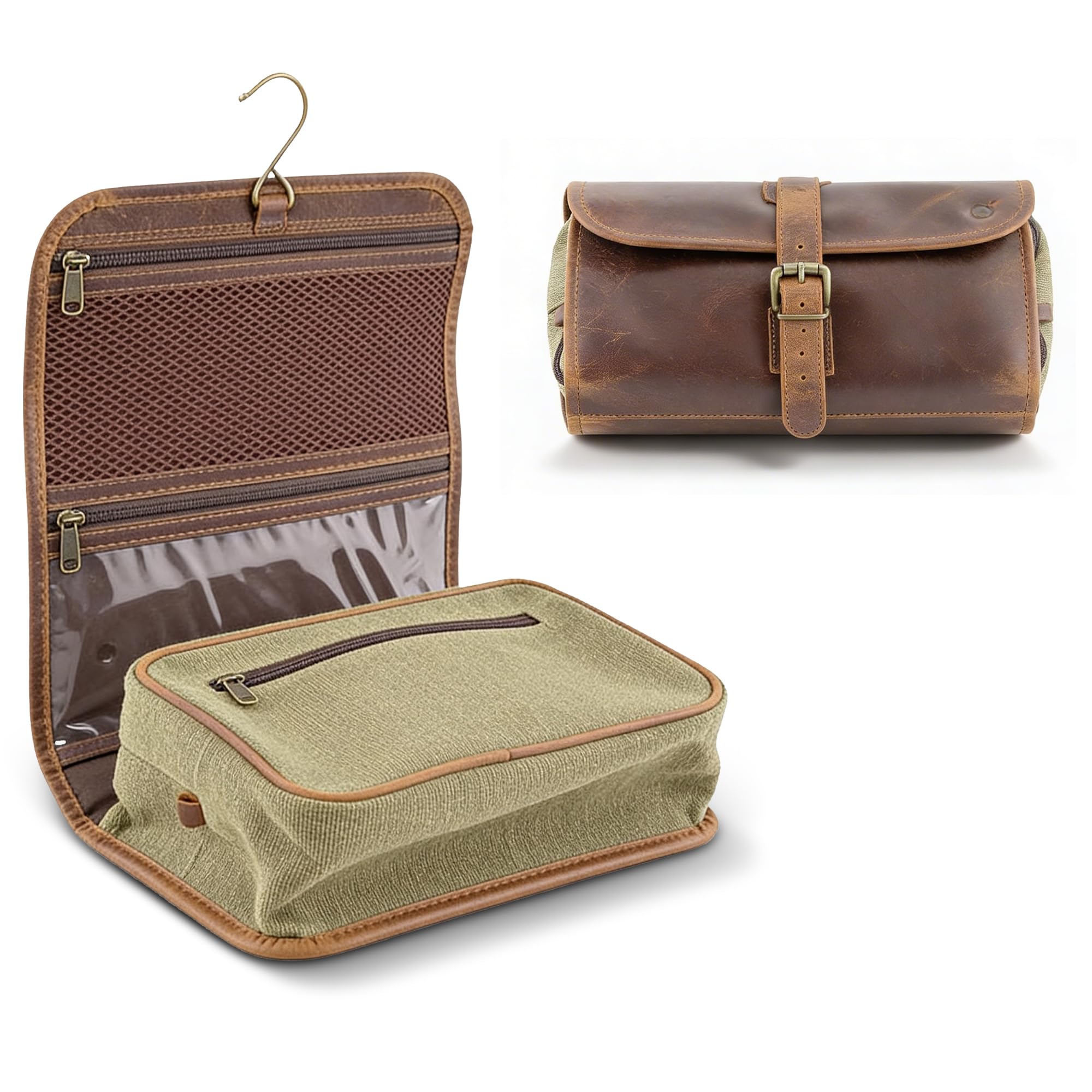 Moonster Kulturtasche Damen & Herren - Kosmetiktasche aus Echtem Büffelleder - Faltbarer Kulturbeutel Herren zum aufhängen - Tabaktasche mit Mehreren Taschen, Messinghaken & YKK-Reißverschlüsse