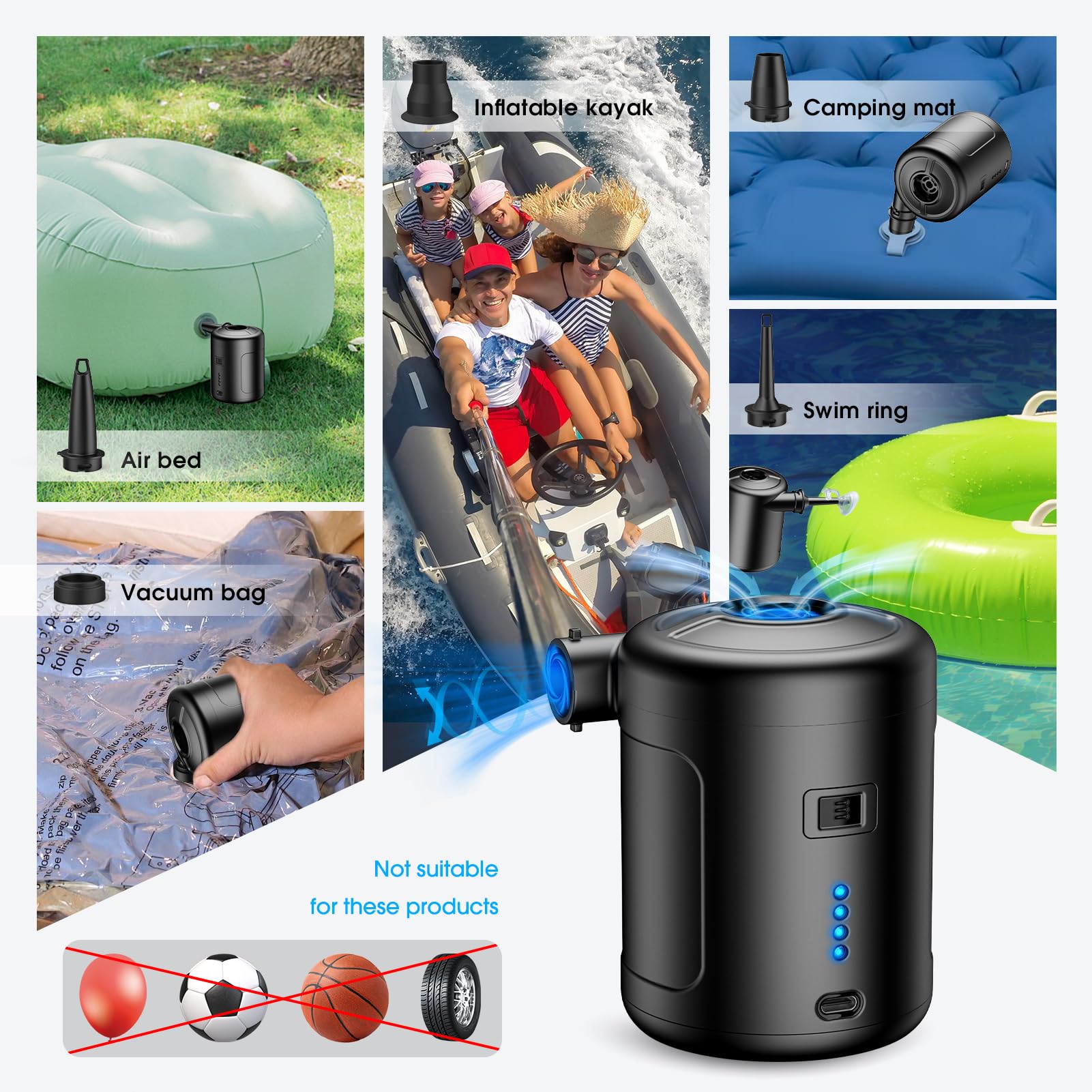 SUPPOU Elektrische Luftpumpe, 6 In 1 Tragbar Luftpumpe Elektrisch Wiederaufladbare 6000mAh Akku Luftpumpe, Elektrische Luftpumpe für Luftmatratze Planschbecken Pool
