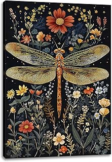 William Morris Dragonfly Canvas Wall Art, Dragonfly Print Paintings Wall Decor,William Morris Insect Pictures for Wall Living Room Bedroom Bathroom Home Decoration 12x18 inch( Stretched Canvas on A Wooden Frame)