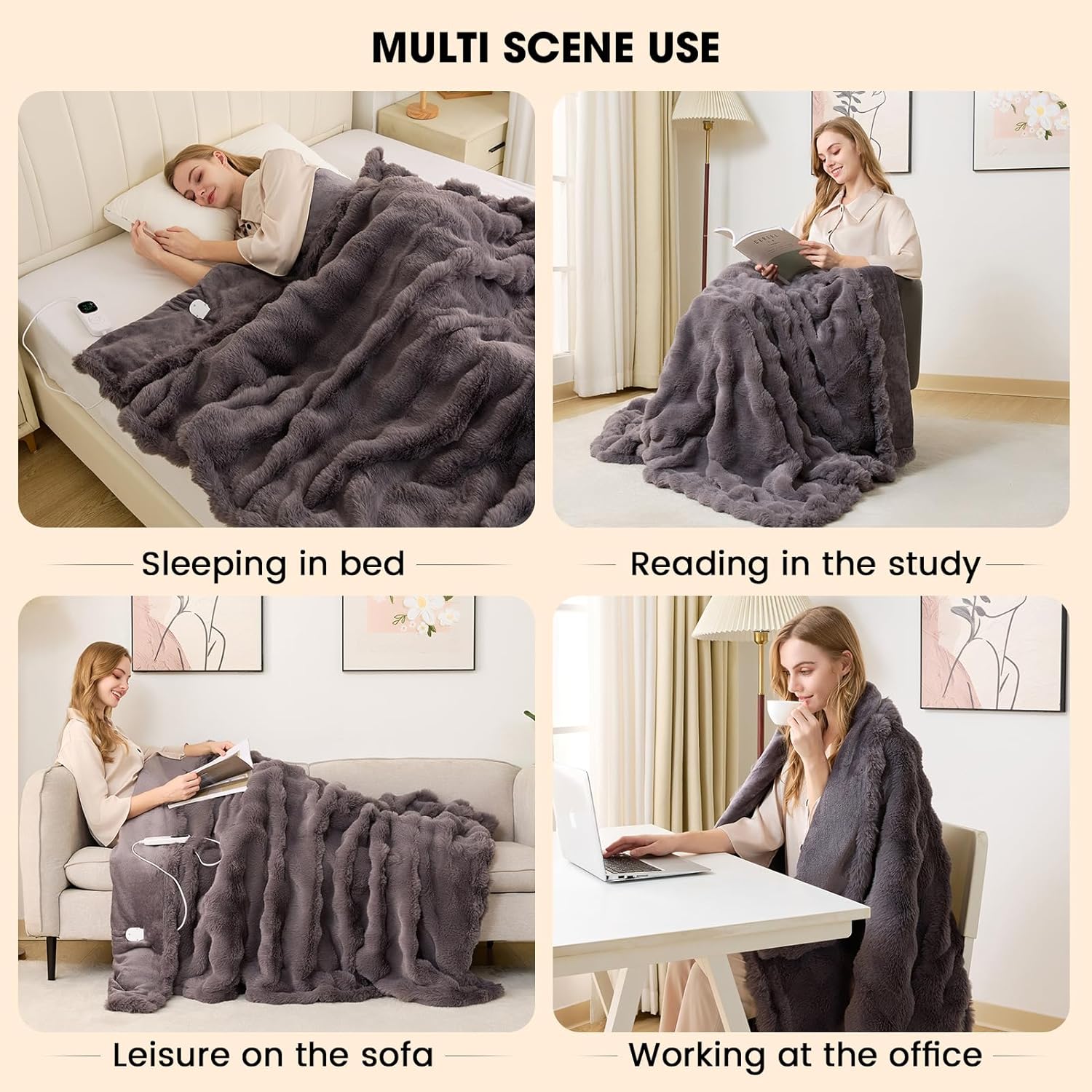 Heated Blanket Electric Throw - Soft Cozy Faux Fur Bubble Electric Blankets with 6 Time Settings, 8 Heating Levels, Fast Heating & Overheat Protection, Machine Washable (59" x 79", Gray)
