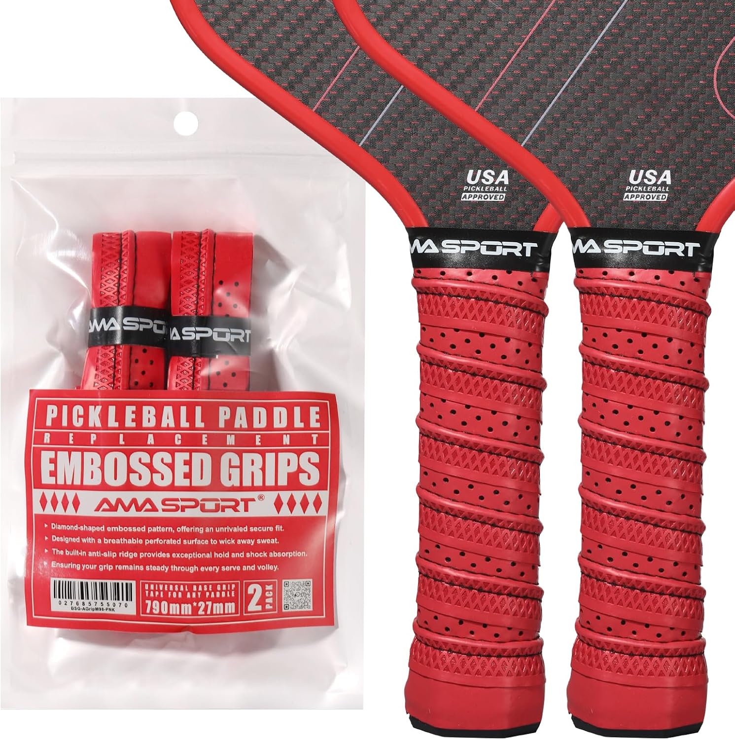PICKLETECH AMA Sport Pickleball Paddle Grip Tape - 2 Pack - Perforated Embossed Replacement Grip Wrap for Pickleball Racket-Moisture Wicking Tacky Surface - Anti-Slip Ridge
