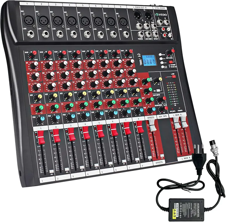 VEDO Console de mistura,8 Canais Mixer Profissional para Shows ao Vivo, Karaokê - USB/Bluetooth, Efeito de Reverb, Saída de Monitoração, Controle de Som Estúdio e Palco (Alimentação 110V/127V/220V)