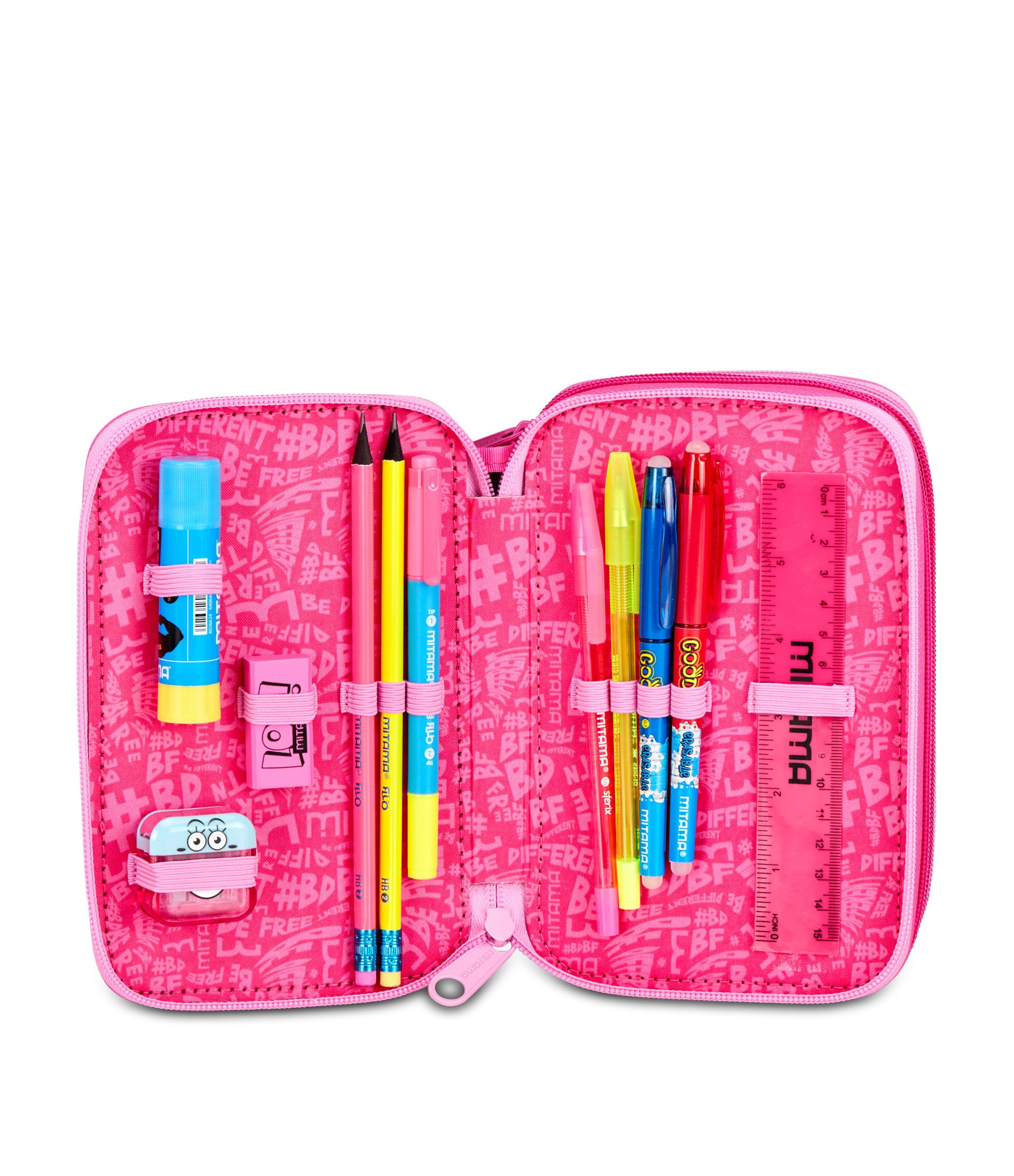Mitama Trousse scolaire 3 compartiments, triple FURRYPINK, contenu 47 pièces, avec crayons, marqueurs, porte-stylo école primaire fille
