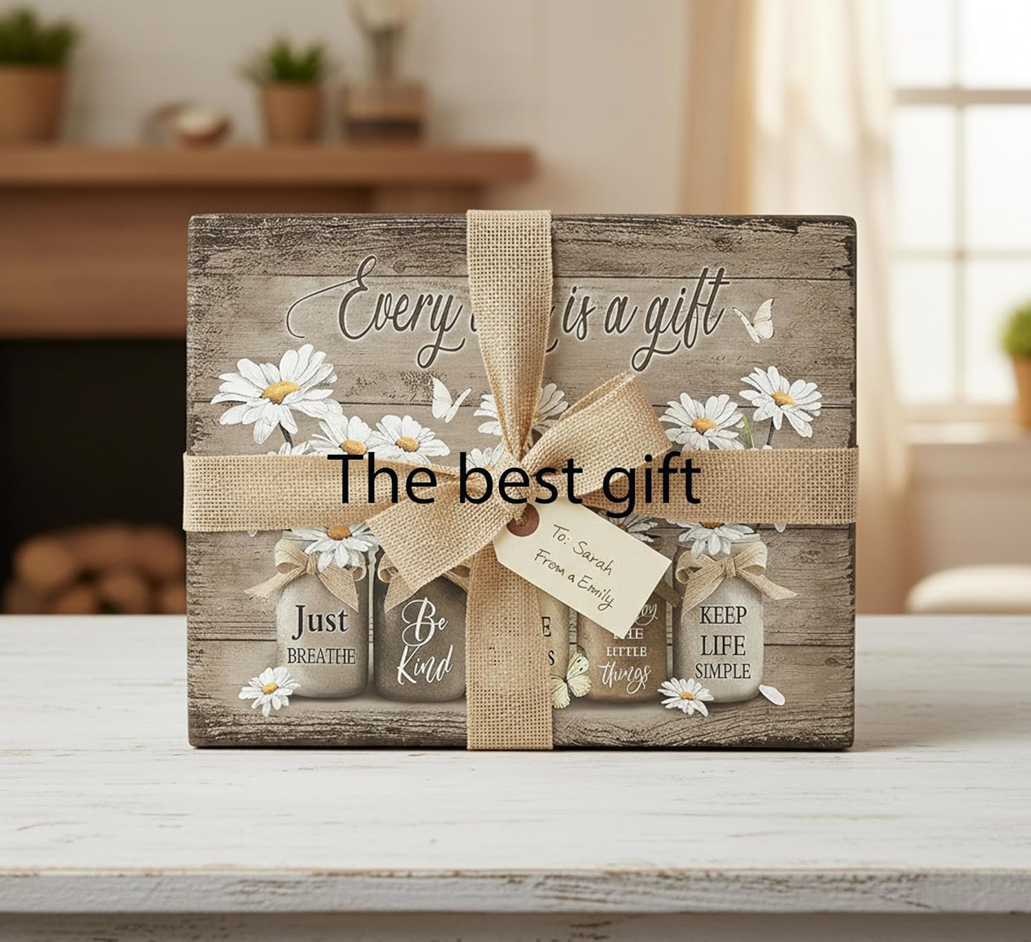 Farmhouse Bathroom Canvas Wall Art,Vintage White Daisy Poster Print.Every Day is A Gift Inspirational Quotes Picture for Bathroom Wall Decor 16x24in Framed
