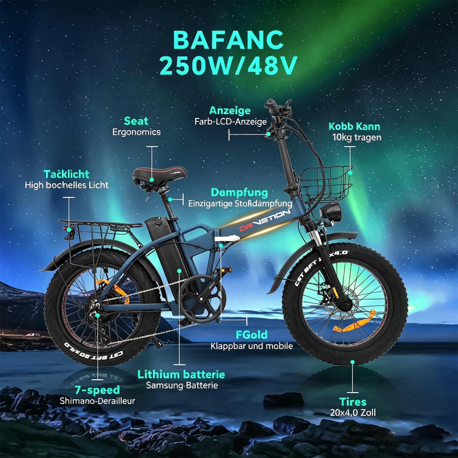 Bicicleta eléctrica plegable ligera de 20 pulgadas, batería extraíble de 48 V, 20 Ah, 15 Ah, 25 km/h, 250 W, 100 NM, alcance de 100 – 130 km, Shimano7Gang (azul, 48 V15 AH)
