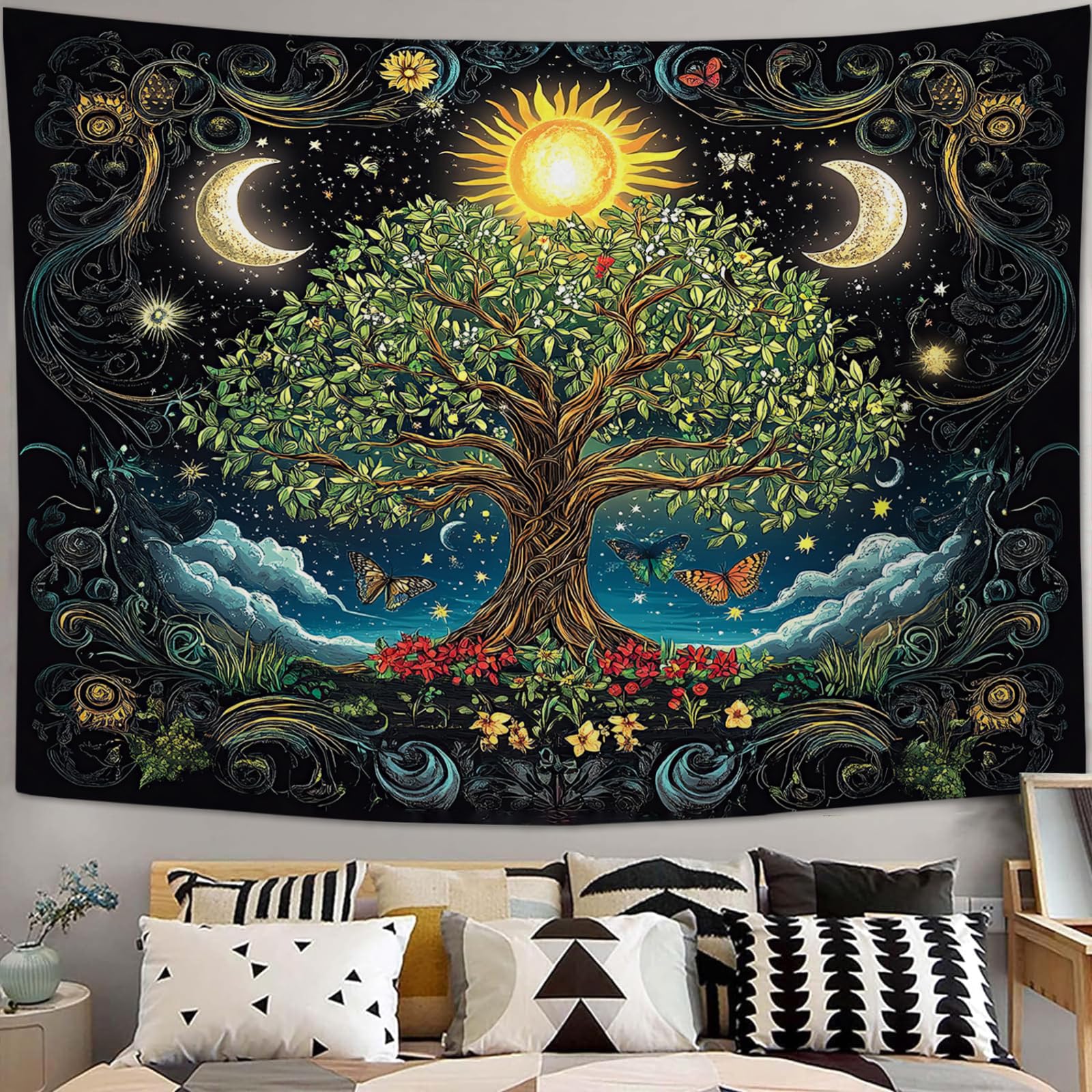 Quorin Tree of Life Tapestry Bohemian Tree Aesthetic Tapestries Boho Sun Moon Wall Art Nature Floral Hanging Decor Home Decoration for Bedroom Living