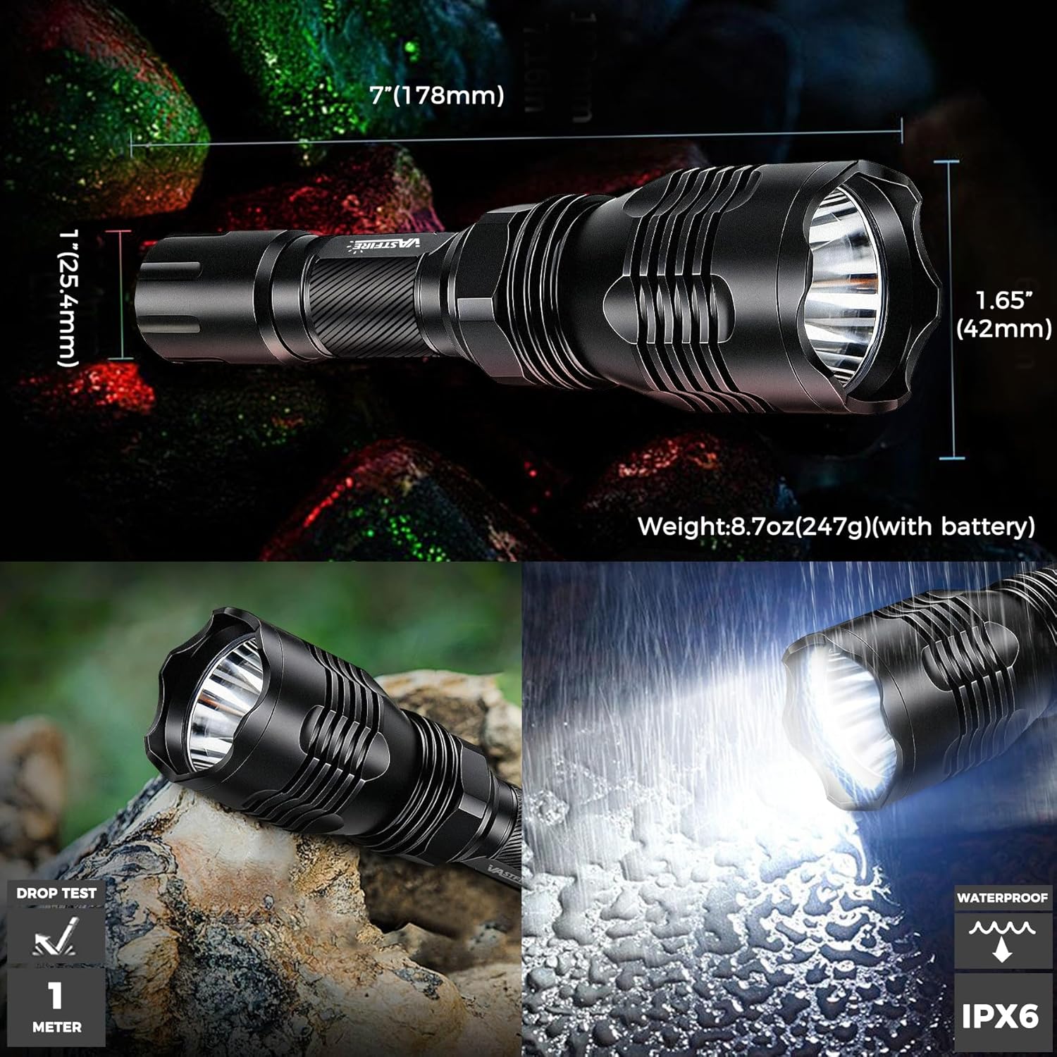 VASTFIRE Predator Light with Interchangeable (Red, Green, White) LED Hunting Flashlight with Scope Mount for Hog Coyote Coon Bobcat Raccoon Varmint Rabbit Night Hunting