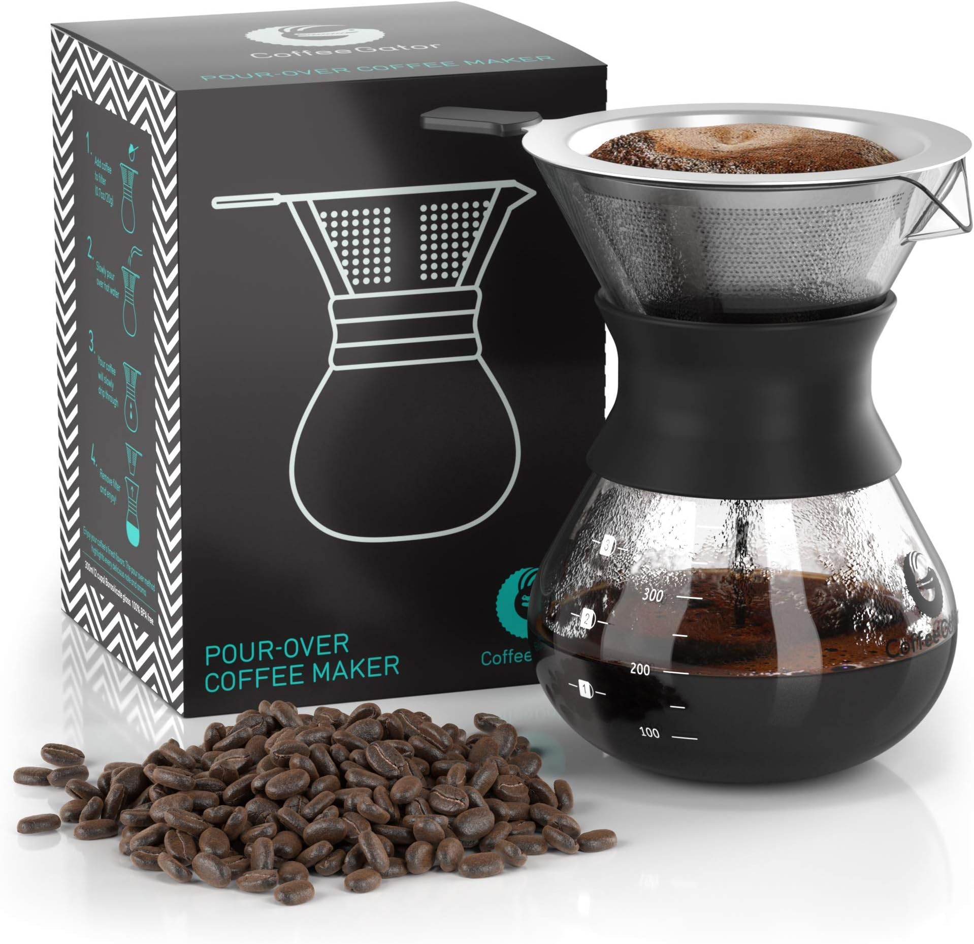 Coffee Gator Pour Over Coffee Maker - 10.5 oz/300 ml, High Heat Borosilicate Glass Carafe with Reusable Stainless Steel Filter, Drip Coffee Brewer Set, Clear