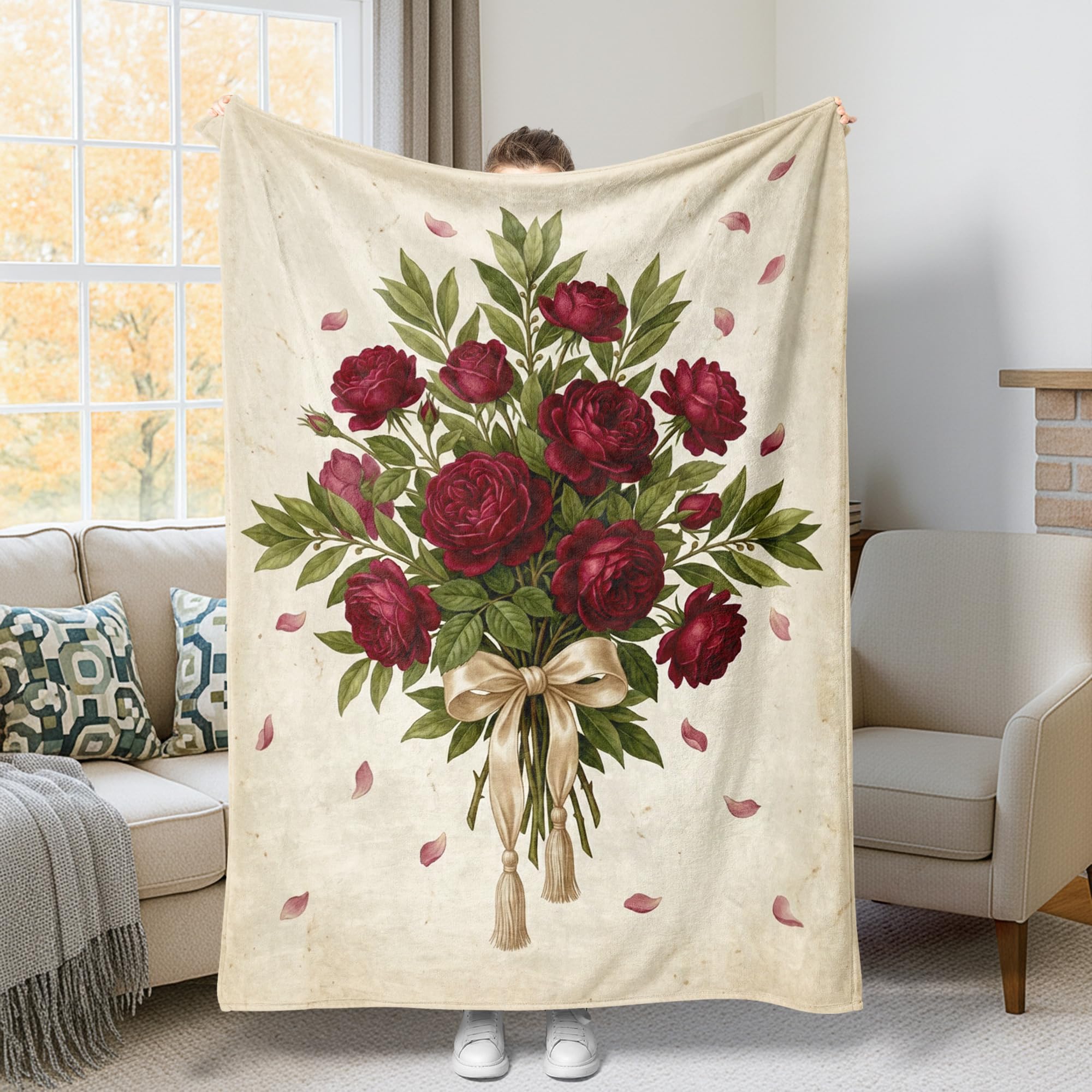 Jeté de lit confortable roses vintage grand format