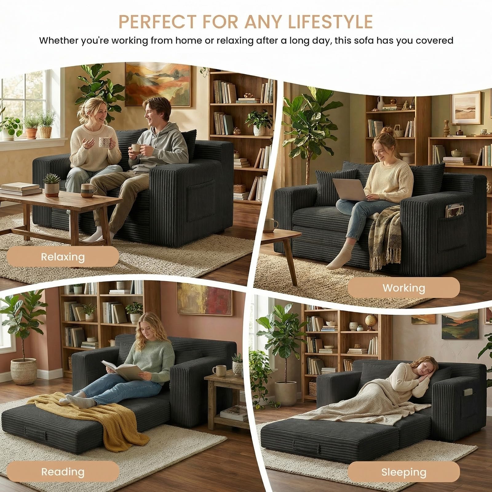 Boneless Loveseat Sofa Bed, Tri-Folding Convertible Futon Sleeper with Handle & Side Pockets, 54'' Boneless Couch with Hook and Loop No Assembly for Small Space,Living Room & Bedroom