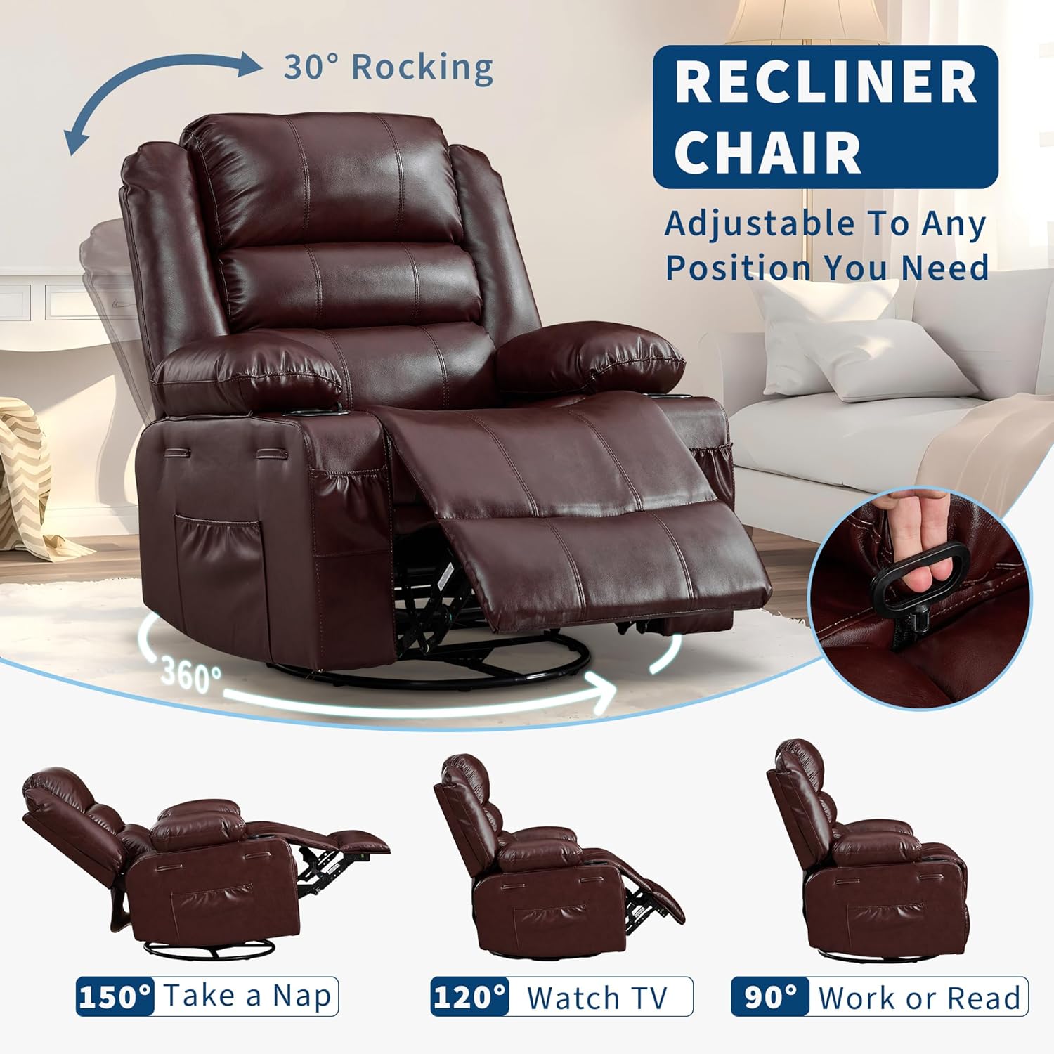 360° Swivel Recliner Chair for Adult, PU Leather Rocker Chair with 3 Positions/2 Side Pockets/Cup Holders, Manual Nursery Glider Rocking Chair for Bedroom Living Room Office