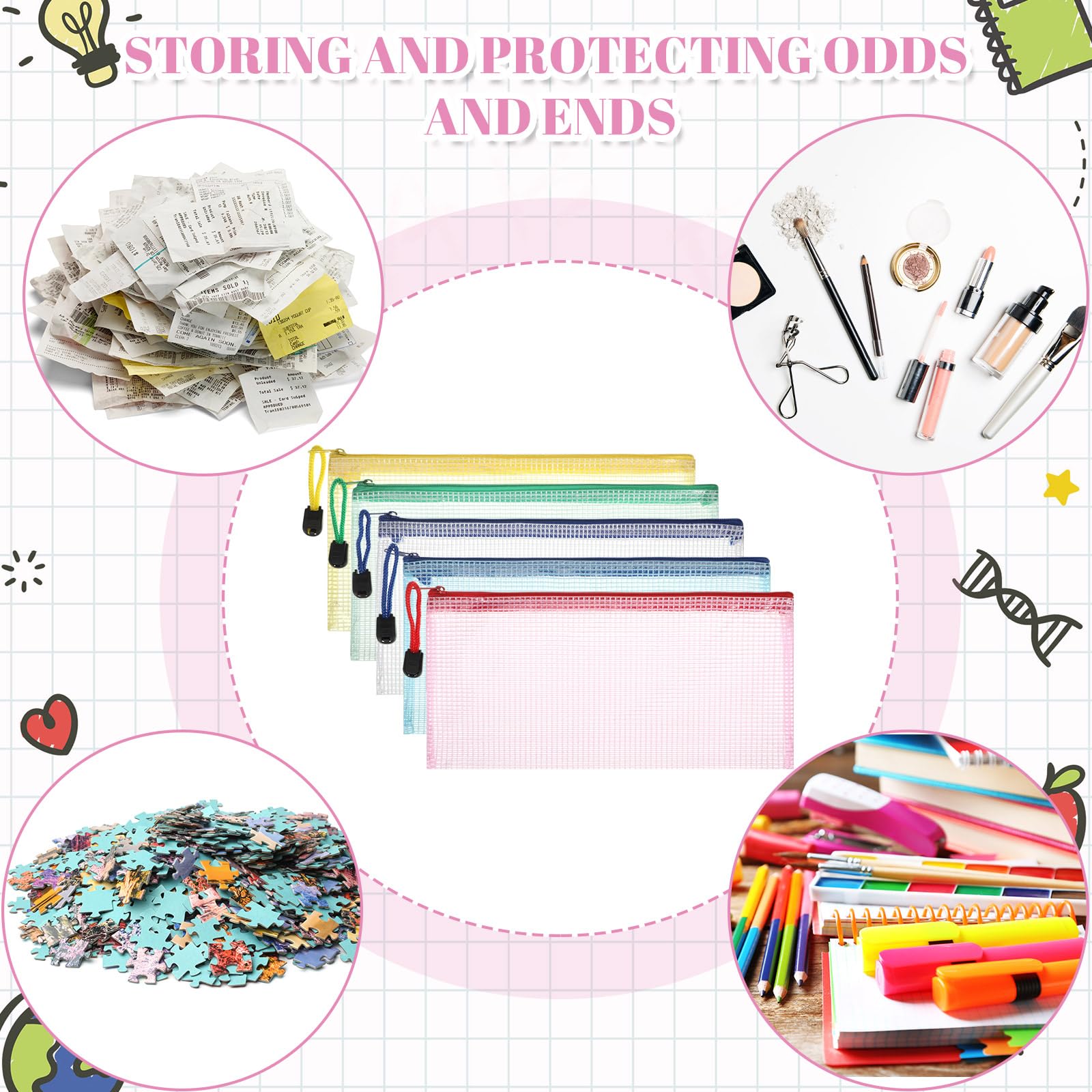 Sherr 120 Stück Netztaschen mit Reißverschluss, wasserdichte Netztaschen mit Reißverschluss, PVC-Dokumententasche, Reise-Reißverschlusstaschen, Mehrzweck-Dokumententaschen für Schule, Büro (24,1 x