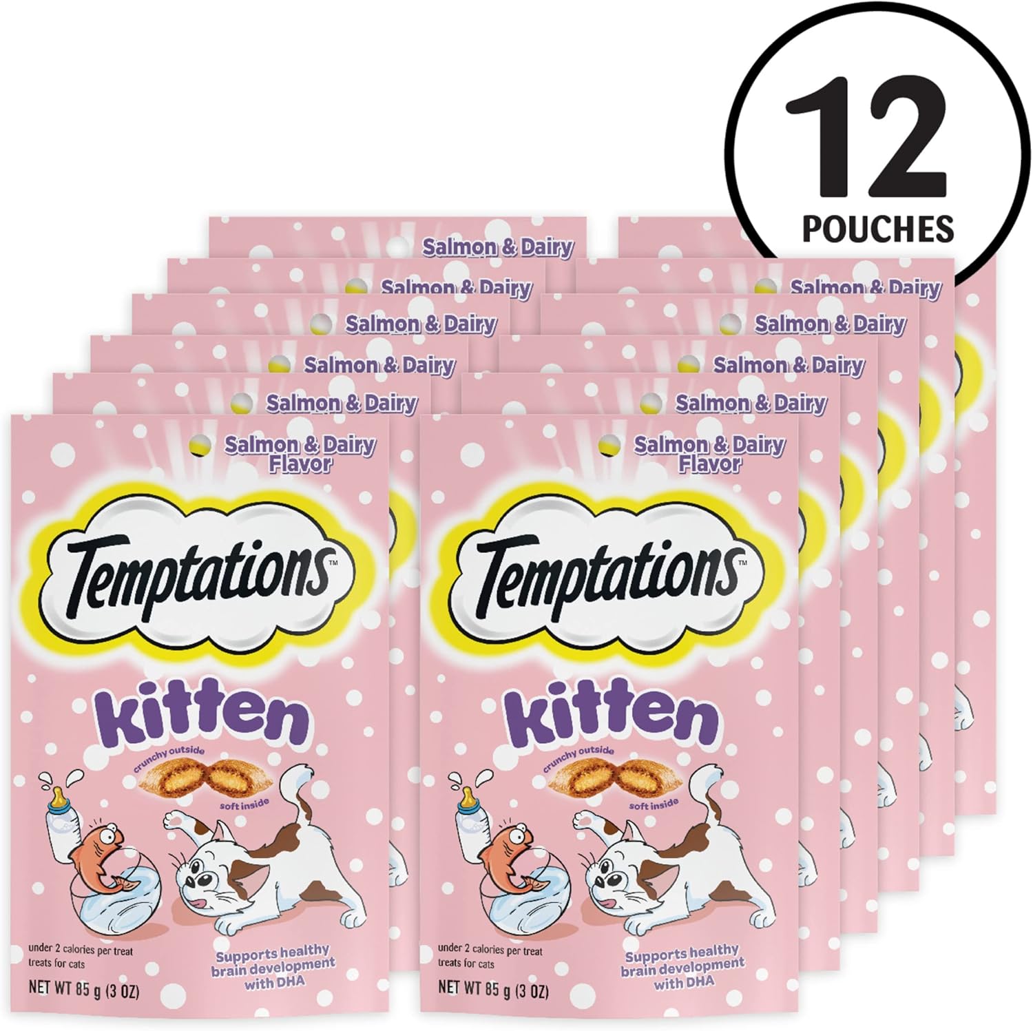 Temptations Kitten Treats Classic Crunchy and Soft Cat Treats, Dairy Flavor, 3 oz. Pouch (Pack of 12)