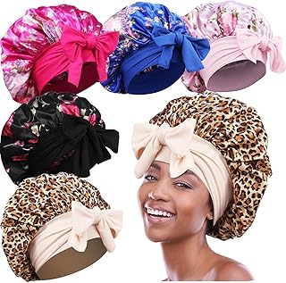 5pcs Satin Bonnets for Black Women, Large Bonnet with Tie Band, Jumbo Braids Bonnet, B