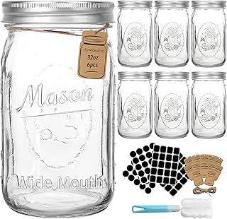 CycleMore 32oz Mason Jars, 6 Pack Large Glass Mason Jar with Metal Airti...