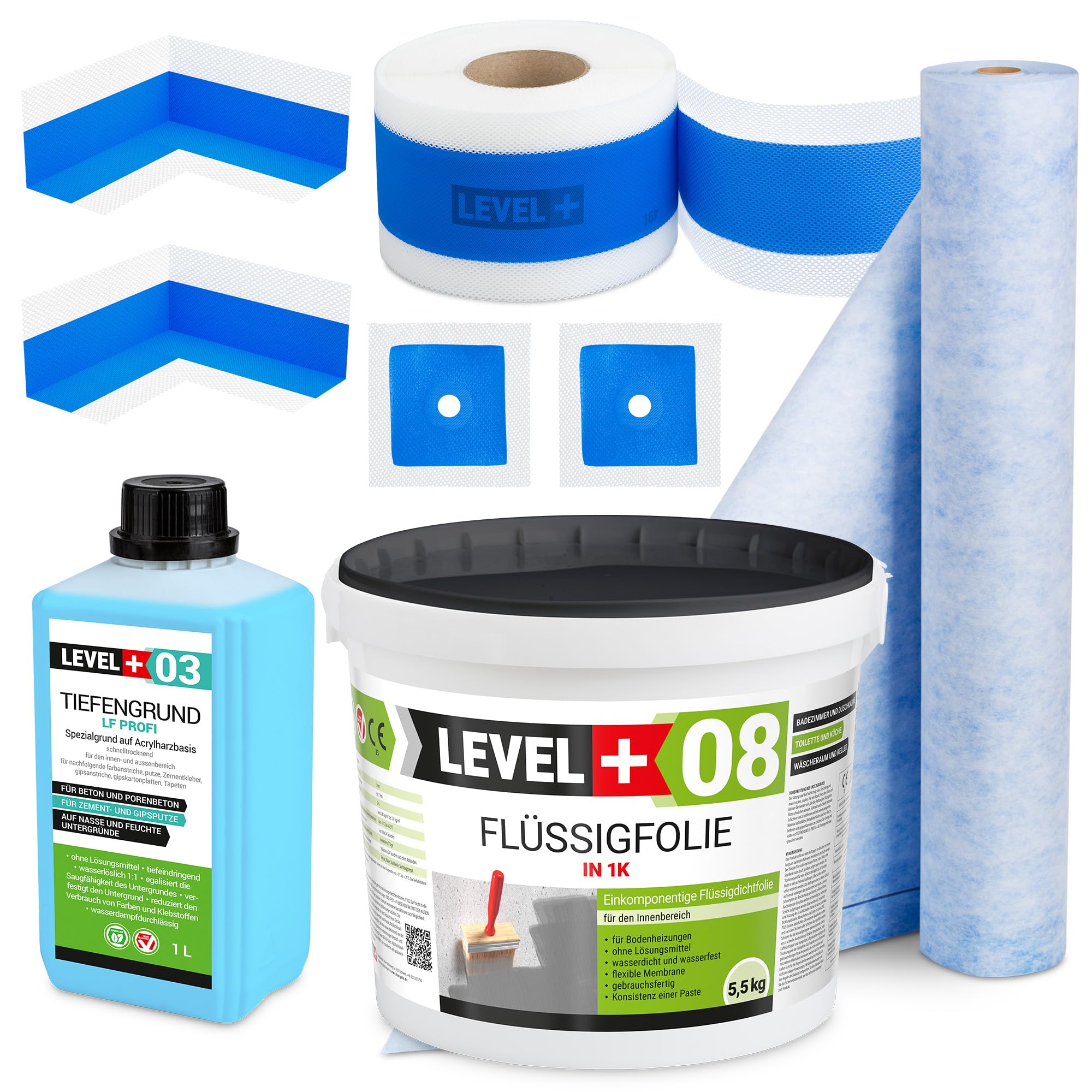Dicht-Set 5,5Kg Flüssigfolie, 1m Dichtbahn 5m Dichtband,2 Innenecken, 2 Wandmanschetten, 1L Tiefengrund, Dusche, Bad, Küche SET331
