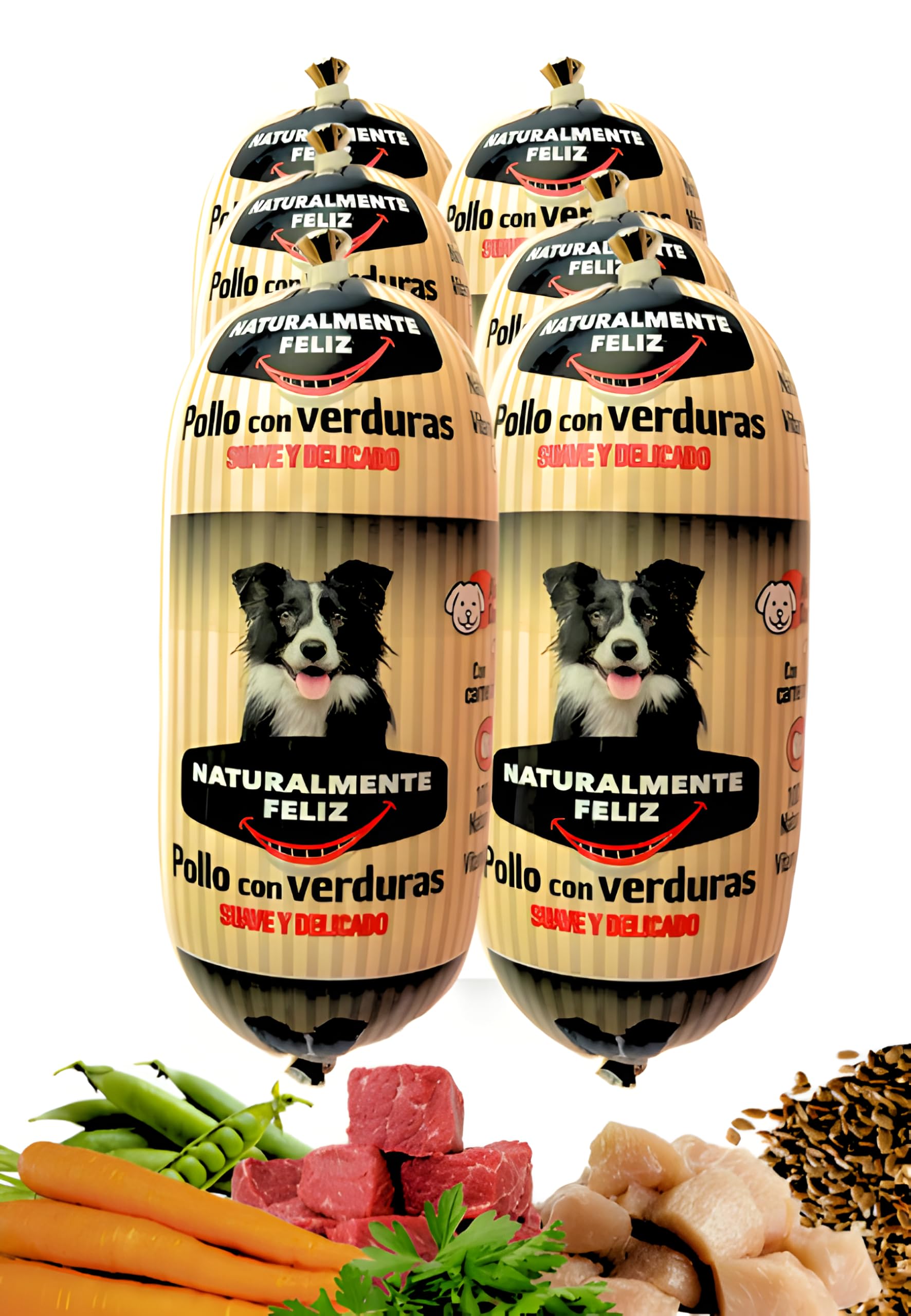 Naturalmente Feliz Alimento Natural casero para Perros, Comida húmeda con Carne Fresca y Verduras - 90% Carne (6x450gr) (Cocido Pollo y Verduras) Comida Húmeda