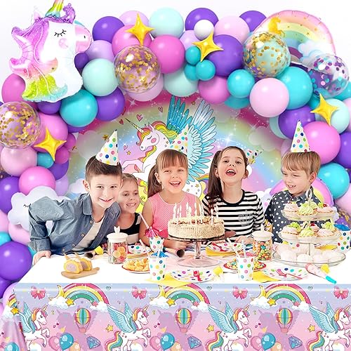 Miniatura 5 de Decoraciones de fiesta de cumpleaños de unicornio para niñas, 119 piezas de suministros de fiesta de unicornio para niñas, kit de guirnalda de