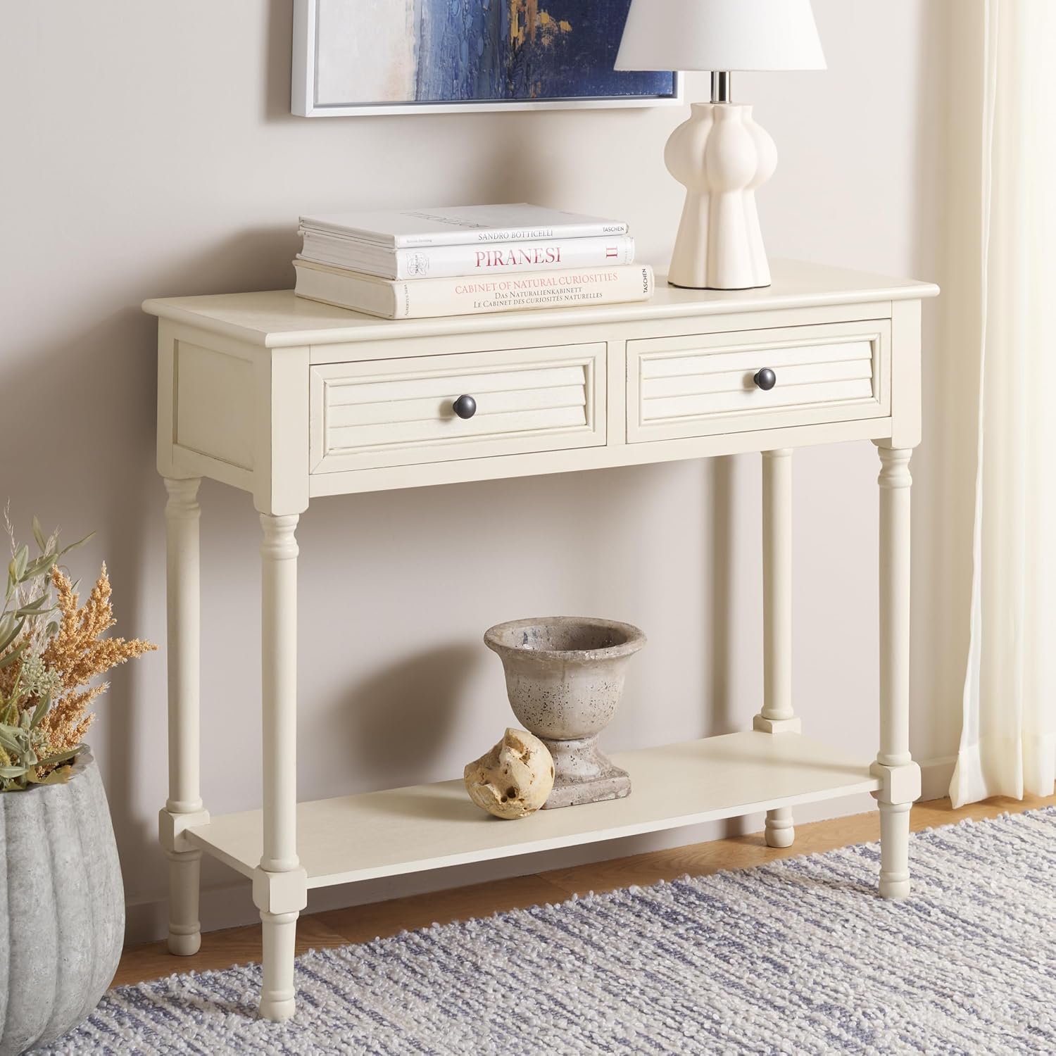 SAFAVIEH Home Collection – Tate Distressed White 2-Drawer Console Table with Shelf, Turned Leg Farmhouse Accent Console for Entryway or Living Room (CNS5720A)