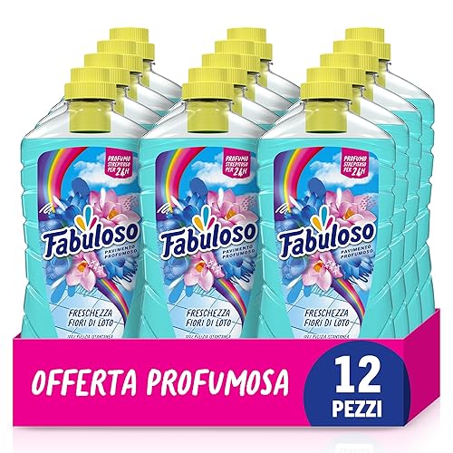 Fabuloso Detersivo Pavimenti Fiori di Loto 950ml, Detergente Multiuso, 100% Pulizia, Profumo per 24 ore, Formula Biodegradabile al 94%, 99% Ingredienti di Origine Naturale, set di 12