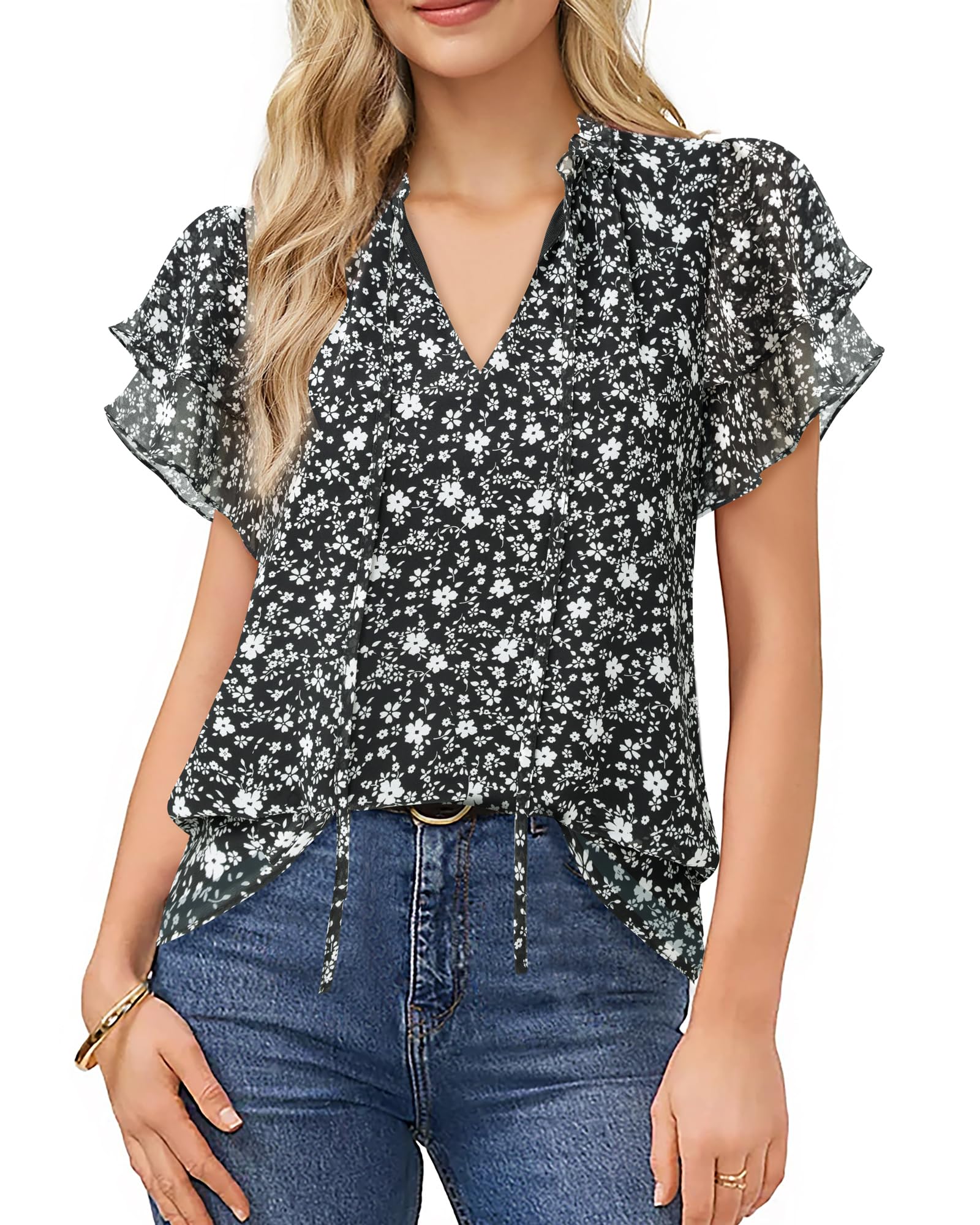Gaharu Blusa elegante de manga corta para mujer, túnica de verano, cuello de pico, mangas con volantes, gasa, flores, camiseta de negocios, informal, top