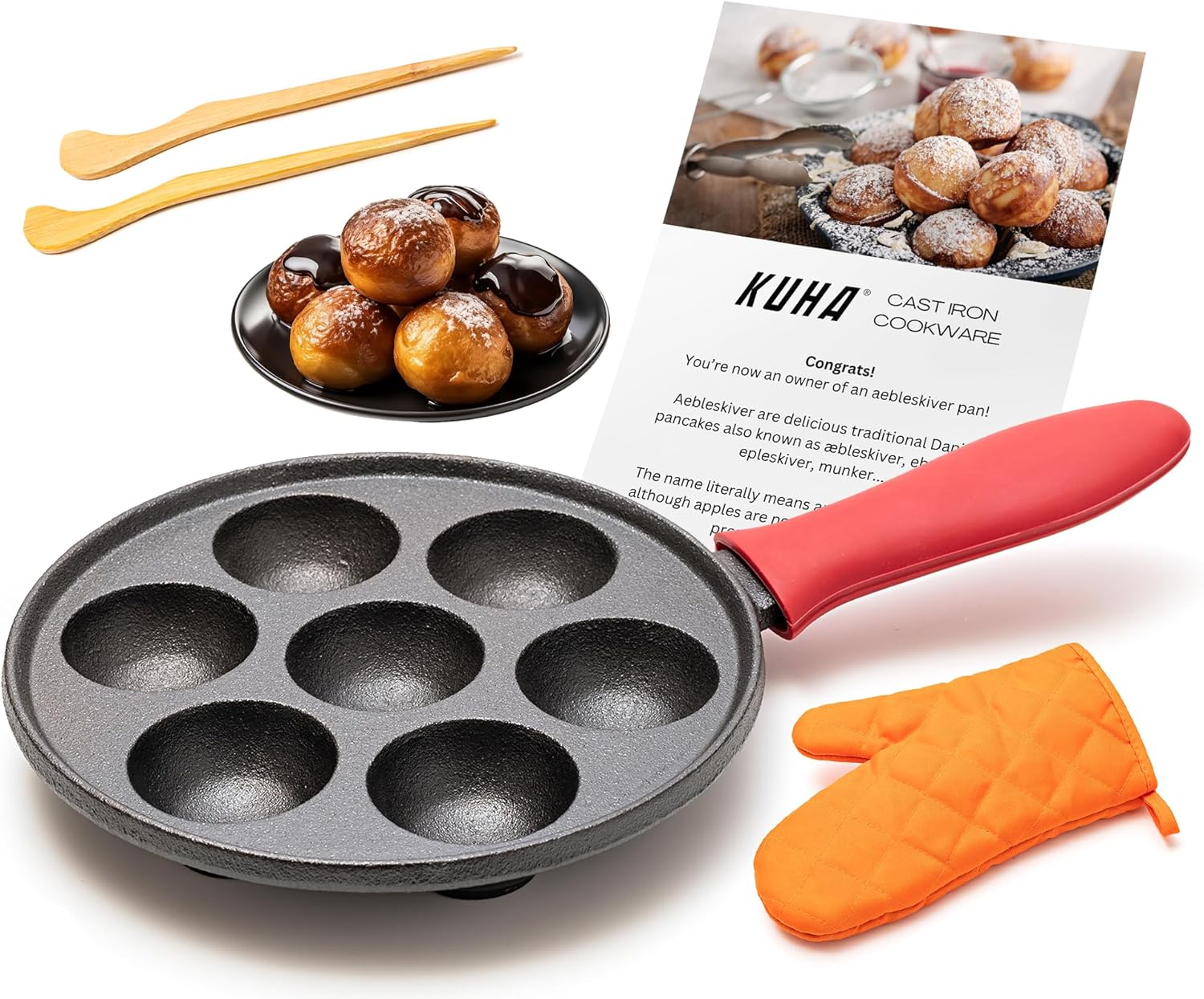 KUHA Cast Iron Aebleskiver Pan – Authentic Danish Pancake Maker for Aebleskiver, Poffertjes, Takoyaki, Appam, Kuli Paniyaram – Pre-Seasoned Cast Iron for Gas & Electric Stovetops & Campfire