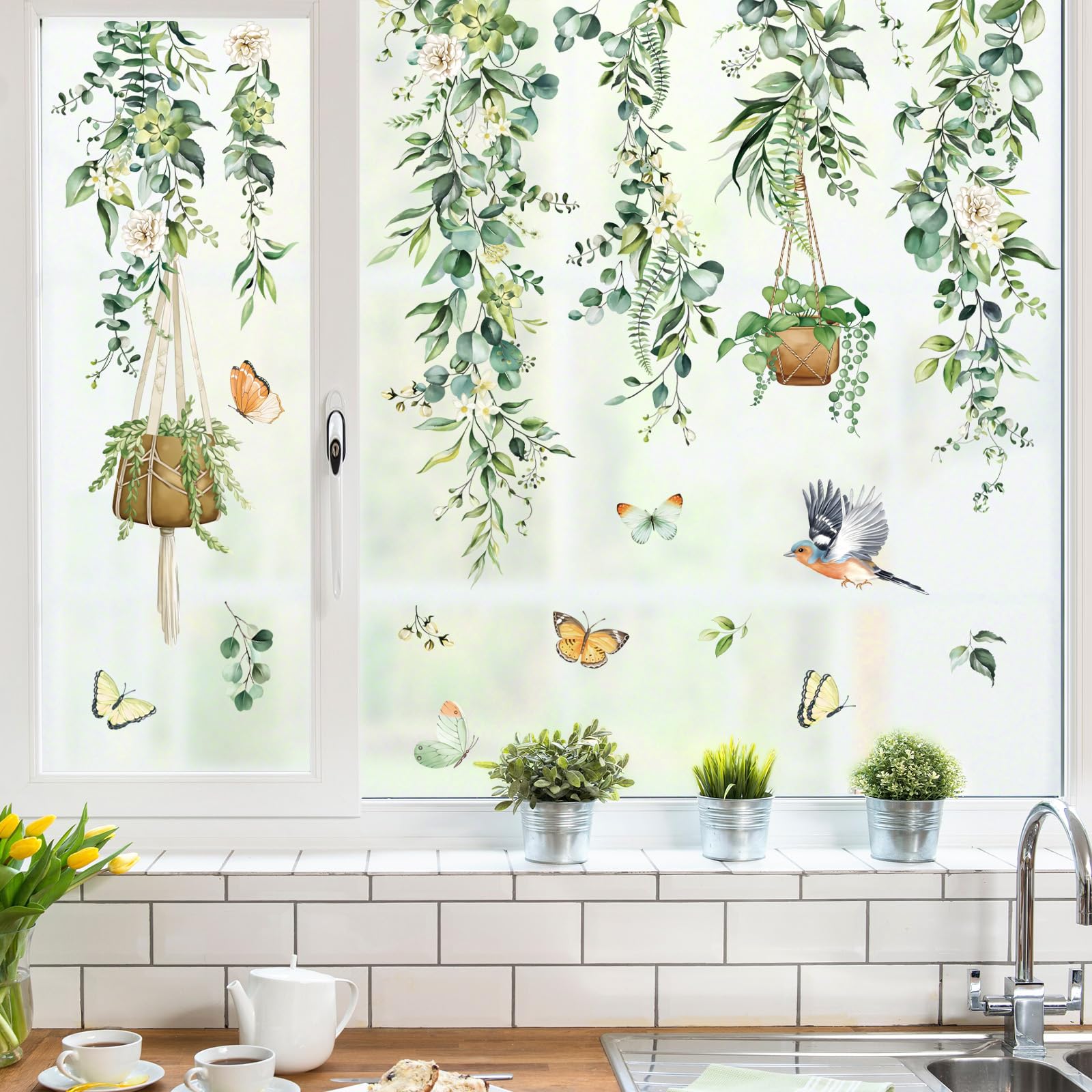 decalmile Autocollants Fenêtre Feuilles Verts Plantes Été Anti-Collision Stickers Fleur Pendaison Vigne Oiseaux Stickers Vitre Anti-Adhésifs Fenêtre Porte Cuisine Décalques