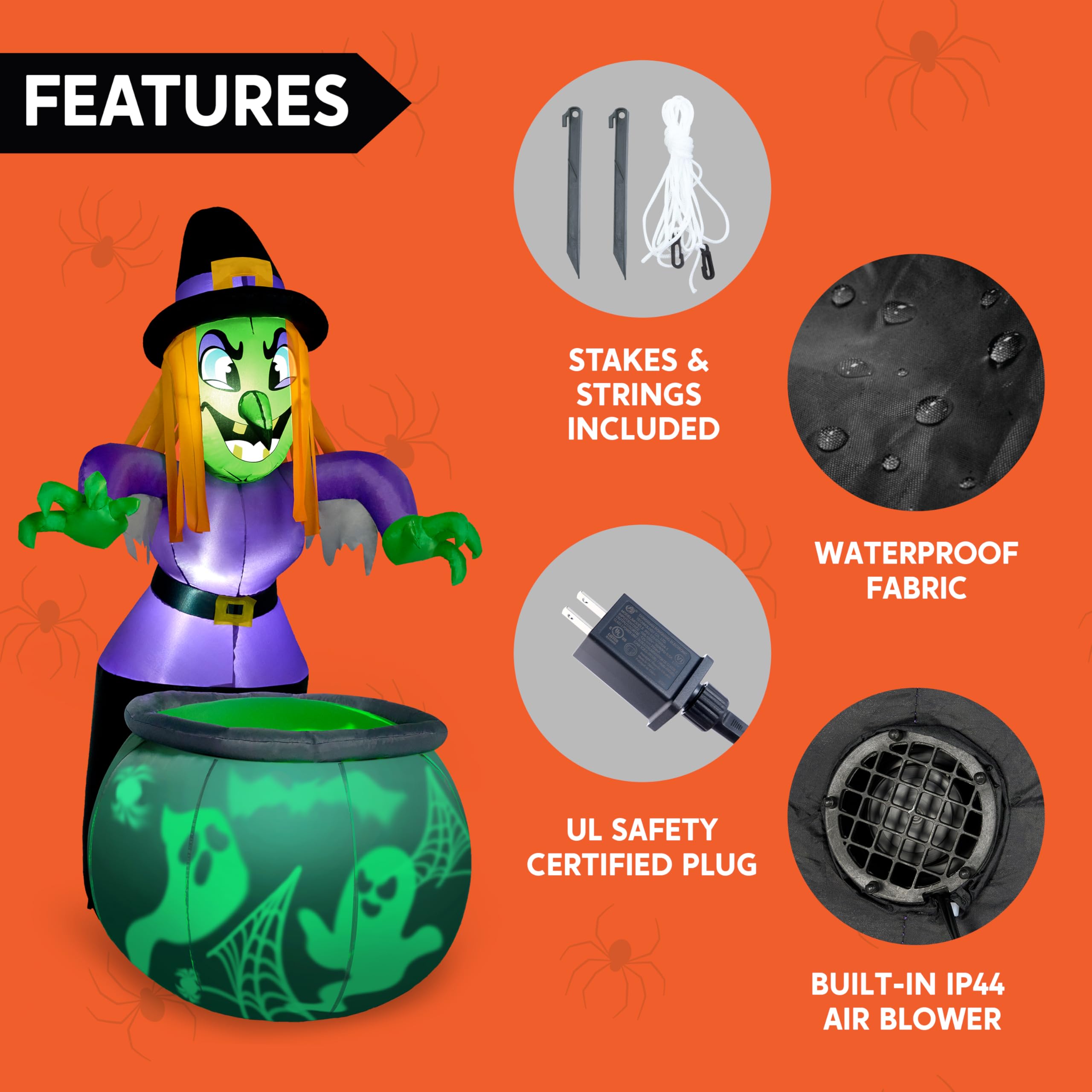 Joiedomi Nadmuchiwana dekoracja wiedźmy i kociołka na Halloween, z wystającym, obrotowym zielonym światłem, nadmuchiwana dekoracja podwórka, z wbudowanymi diodami LED, na imprezę halloweenową, do
