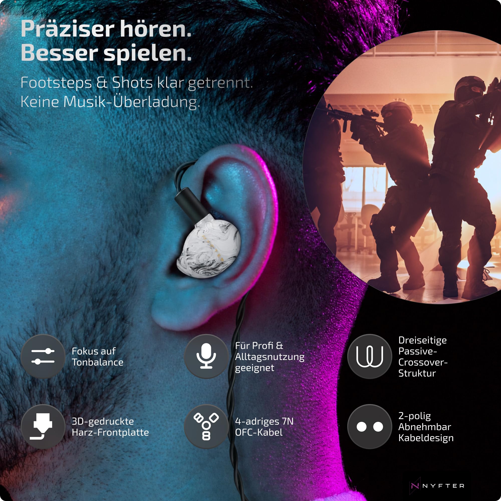 Nyfter - Mizu White Gaming IEM Hybride In-Ear-Monitore, HiFi Kopfhörer mit handgefertigter Harzschale mit einzigartigem Design - 2m Kabel - Soundprofil für Gaming & E-Sport (Extra Thick Cable)