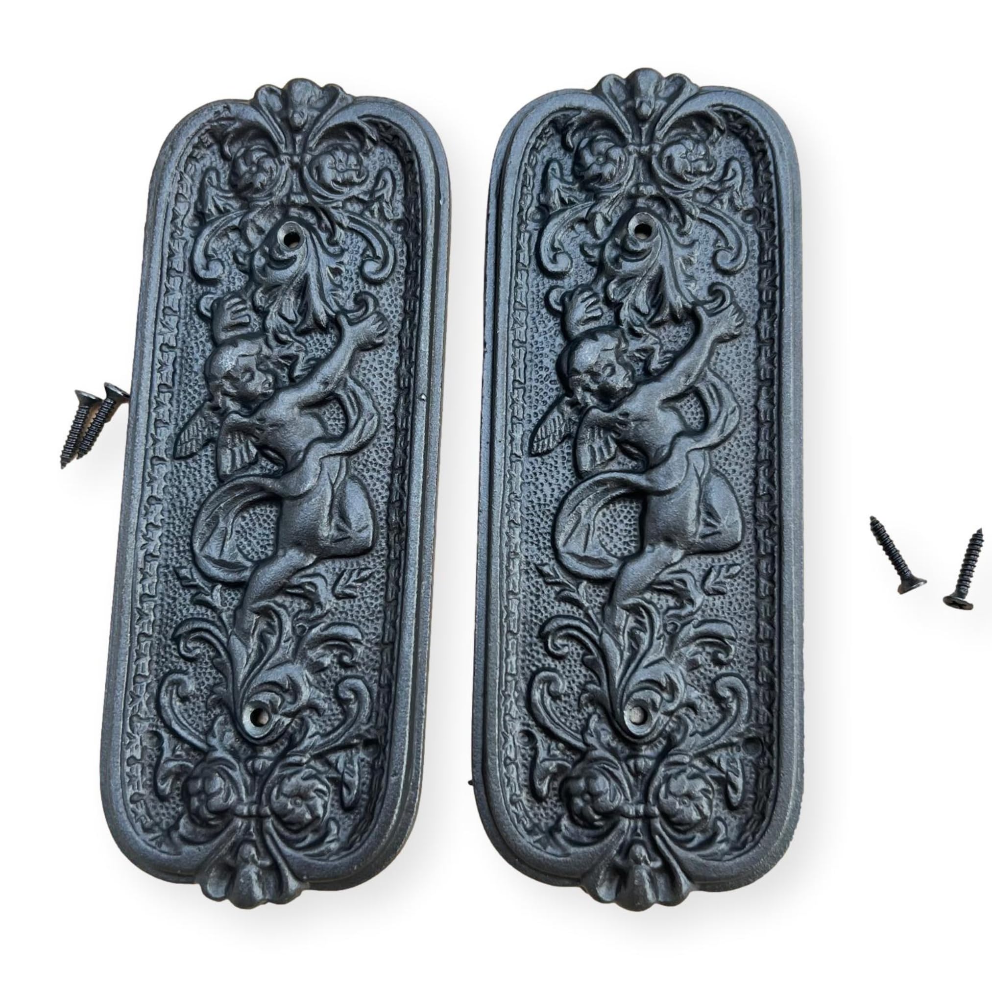 Thorness Dark Grey Set Of Two Antique Style Rustic Cast Iron Door Push Plates With Ornate Cherub Design - Vintage Finger Plate Decor