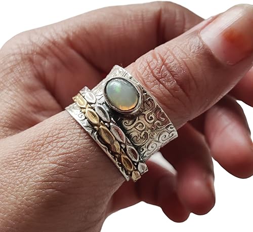 Natural Opal Spinner Band, October Birthstone, Meditation Ring, 925 Sterling Silver Ring, Spinning Ring, Two Tone Ring, Fidget Ring, Handmade