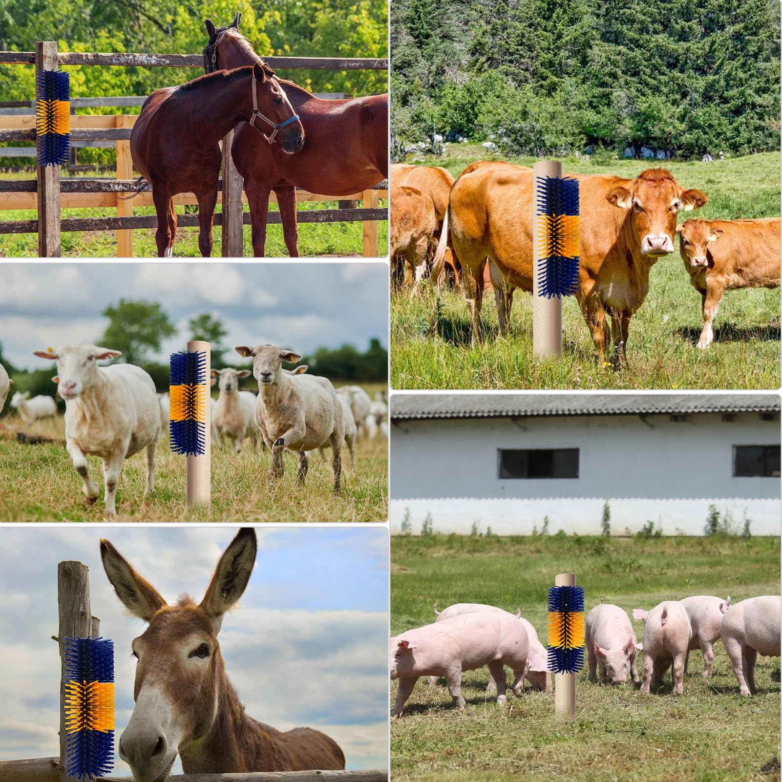 Cepillo rascador de ganado, kit flexible de PBT para aseo de caballos, cepillo de masaje para ganado, vaca, oveja, caballos y cabras (amarillo-azul, paquete de 2)