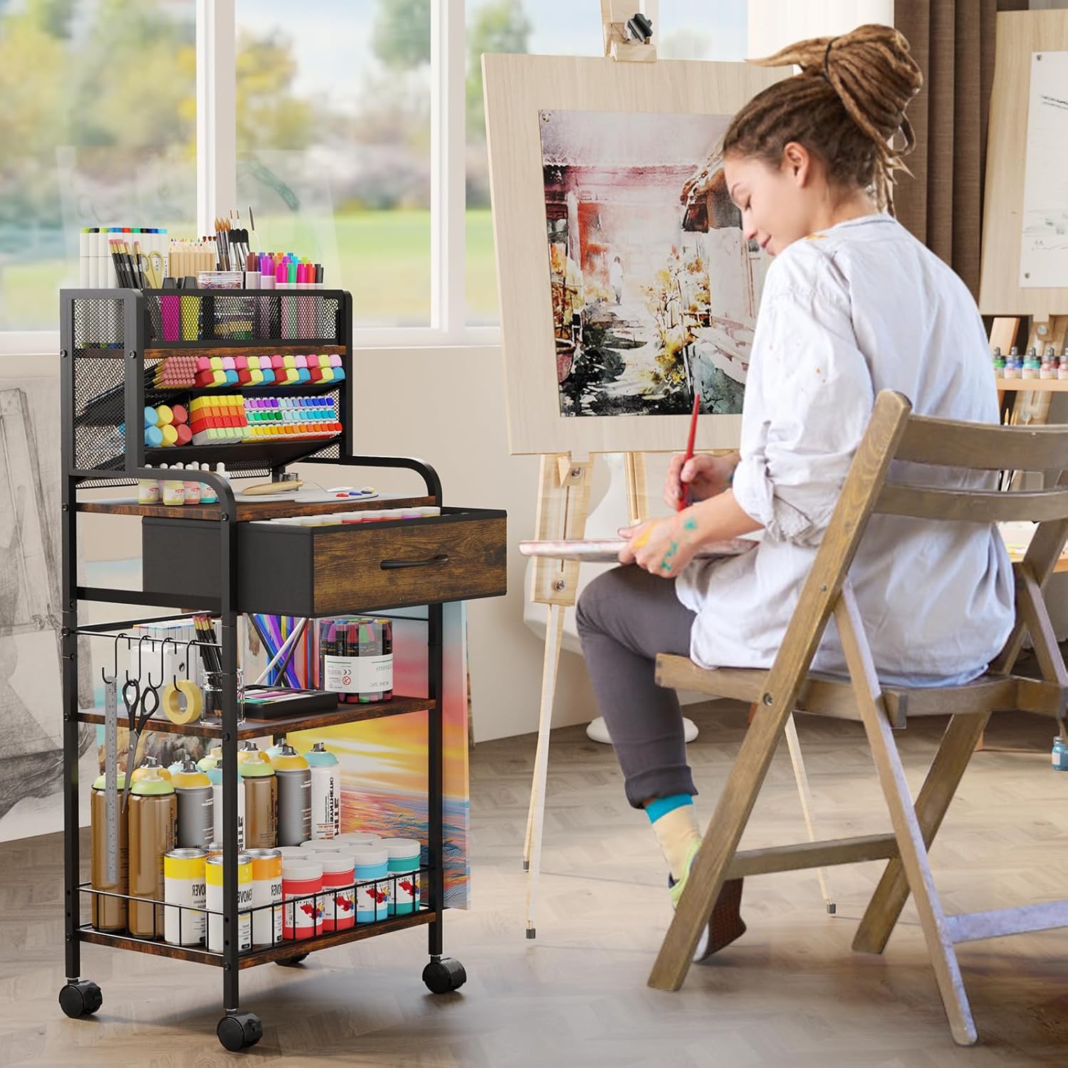 Art cart, 3 Tier Rolling Cart - Utility Cart with Storage Drawer and Wheels, Versatile Art & Craft Organizer for Home, Office, or Studio Ideal for Storing Brushes, Paints （Brown） - Image 2