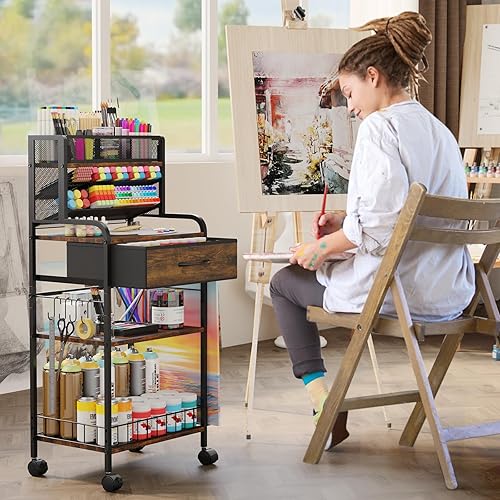 Miniatura 2 de Carrito de arte, carrito rodante de 3 niveles, carrito utilitario con cajón de almacenamiento y ruedas, organizador versátil de arte y manualidades