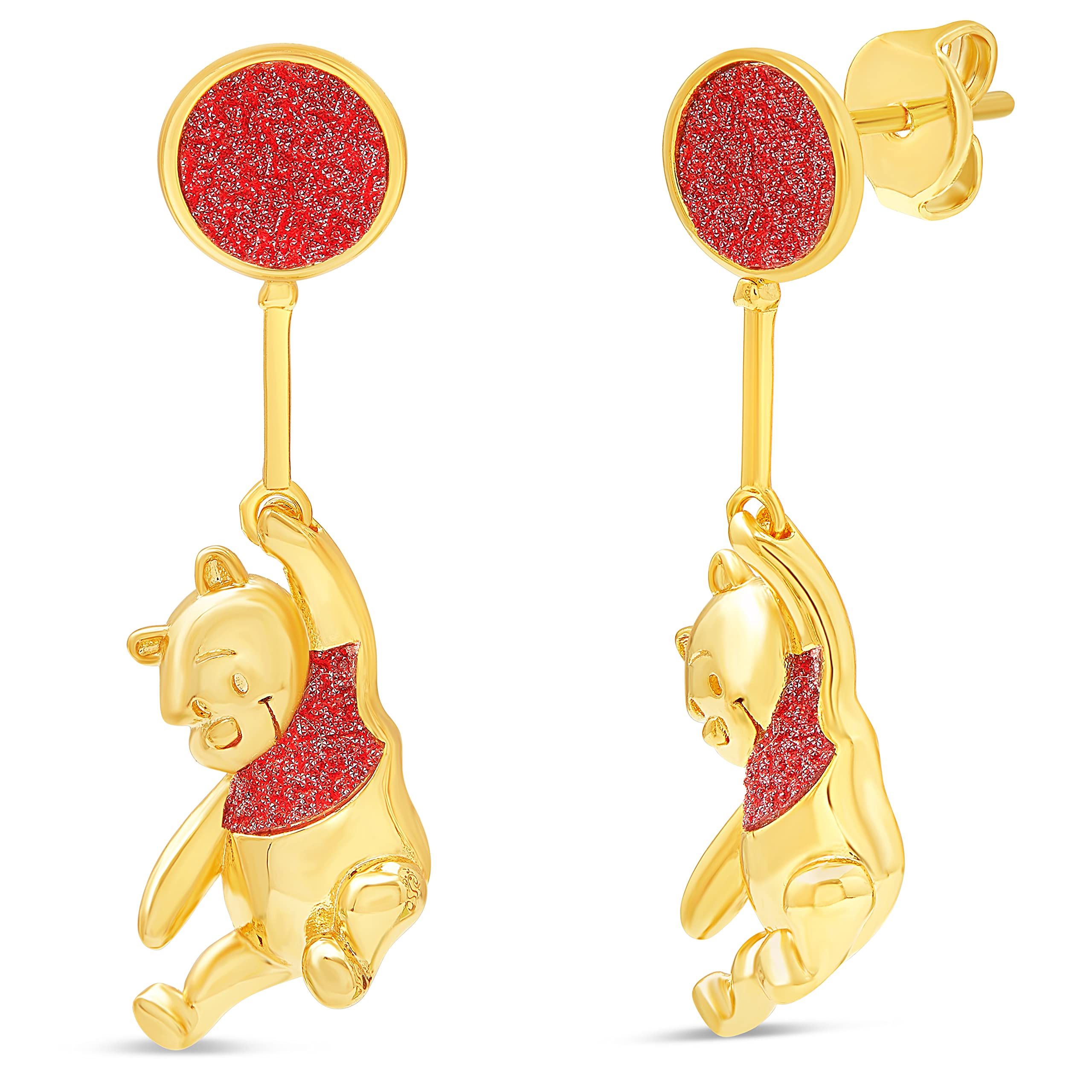 Orecchini Disney Winnie the Pooh con glitter rosso e finitura placcato oro - orecchini pendenti da donna e bambina - gioielli Ufficiali Disney - idea regalo