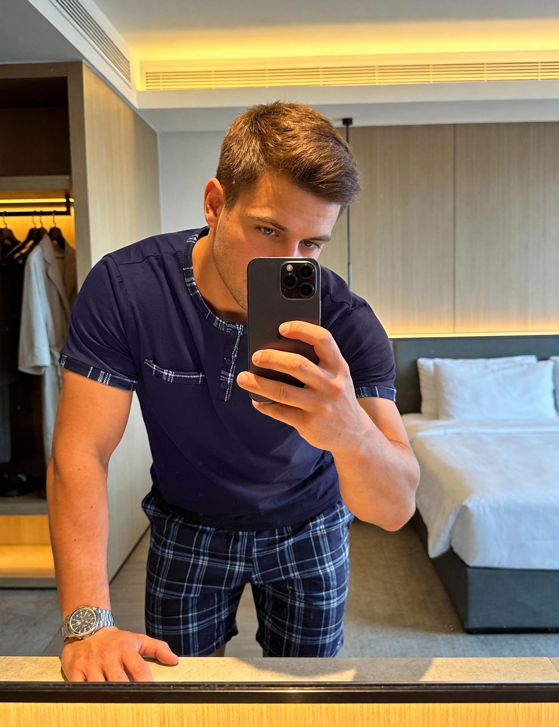 Litherday Pijama Hombre Verano Algodón Conjunto Corto 2 Piezas Camiseta Manga Corta Pantalón de Cuadros Ropa de Dormir Suave y Transpirable para Casa S-3XL