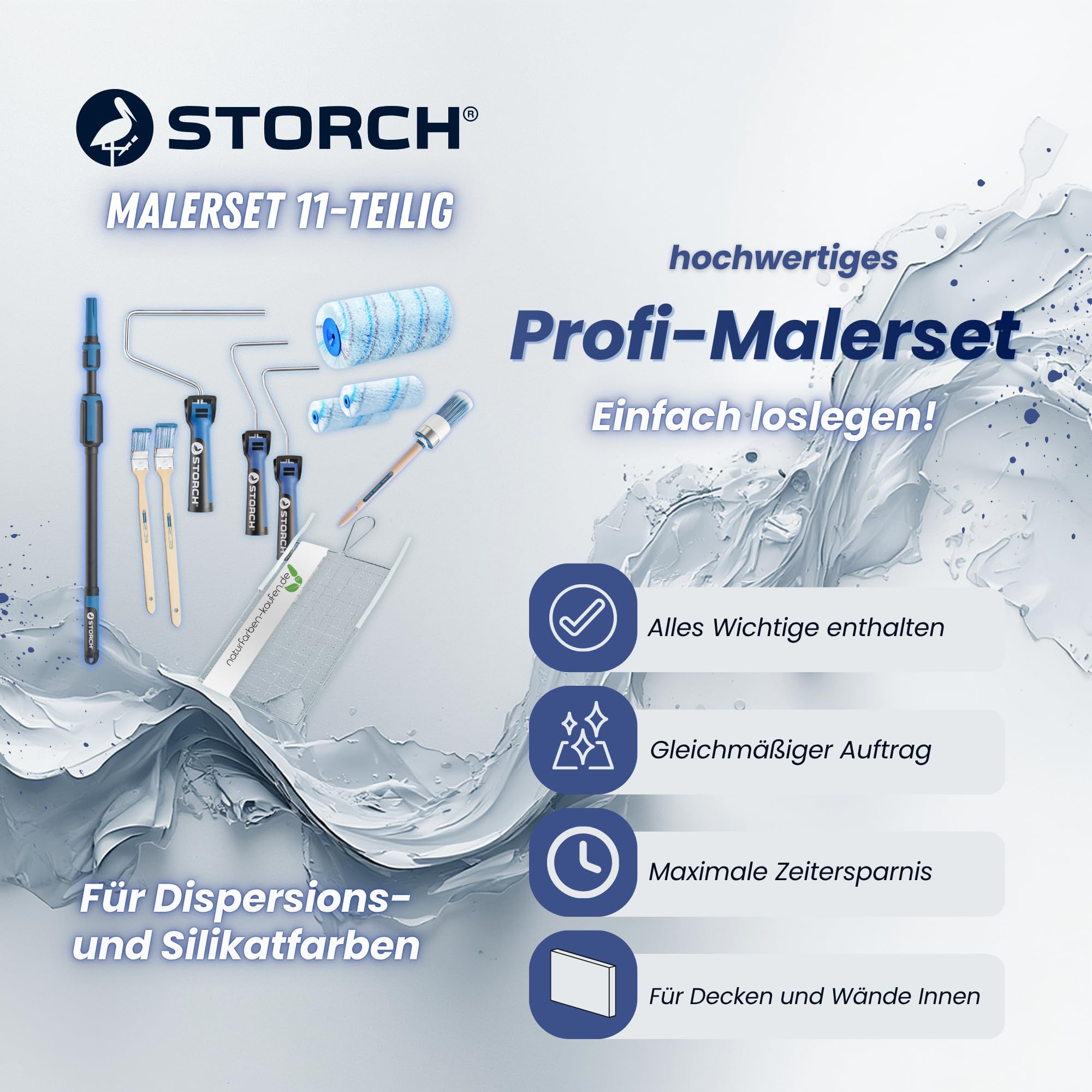 STORCH Profi Malerset 11-TLG. Dispersionsfarbe Silikatfarbe innen, Farbroller Set komplett - SmartCore Farbwalze, Lock-IT Edelstahlbügel, Teleskopstange, Heizkörperpinsel, Ringpinsel, Abstreifgitter